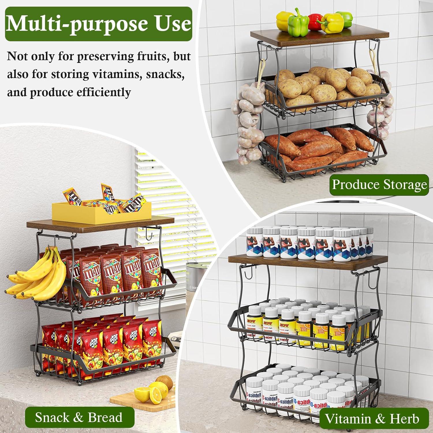 Cesta de Frutas 3 Niveles OKZEST con Tapa de Madera