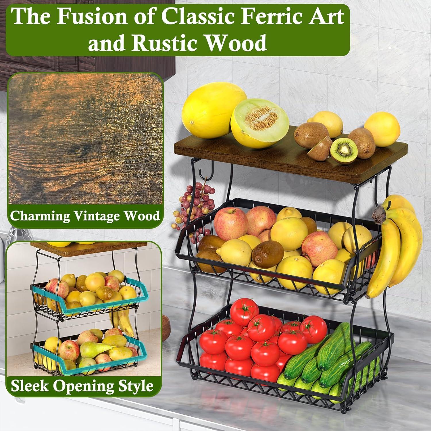 Cesta de Frutas 3 Niveles OKZEST con Tapa de Madera