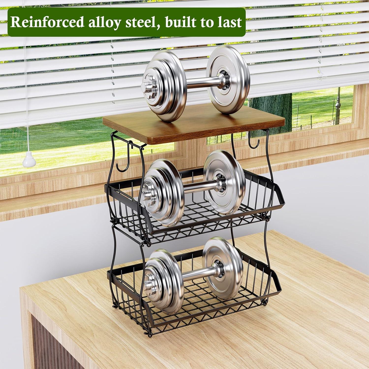 Cesta de Frutas 3 Niveles OKZEST con Tapa de Madera