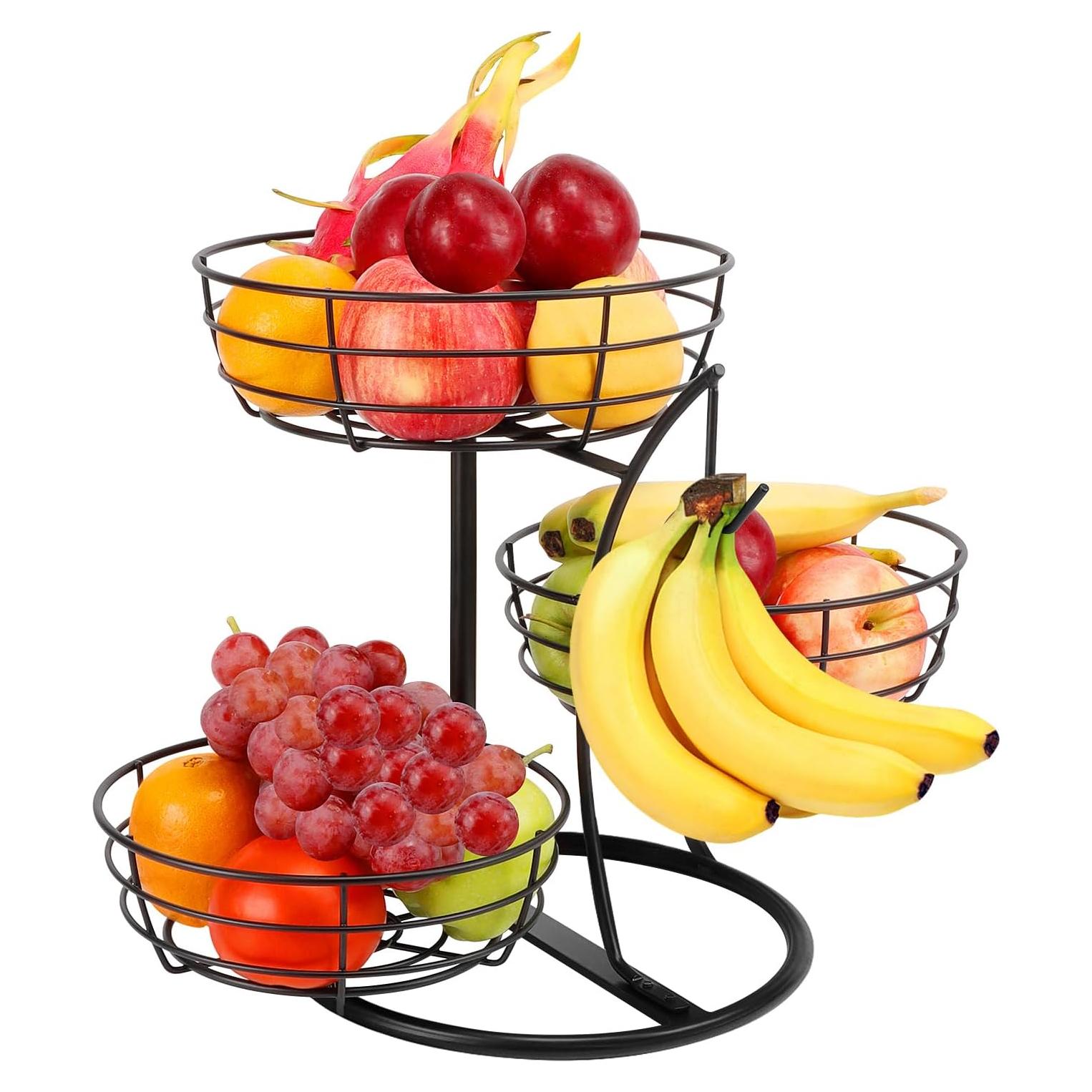Tazón de Frutas Livabber con Soporte para Plátano Negro 3 Niveles