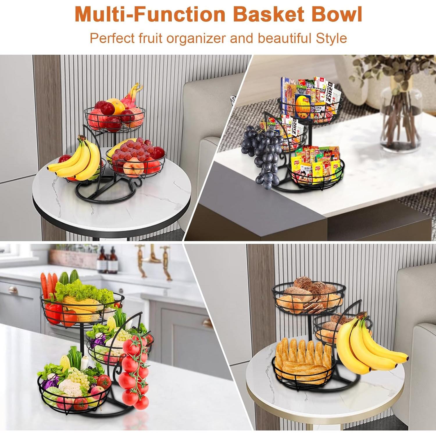 Tazón de Frutas Livabber con Soporte para Plátano Negro 3 Niveles
