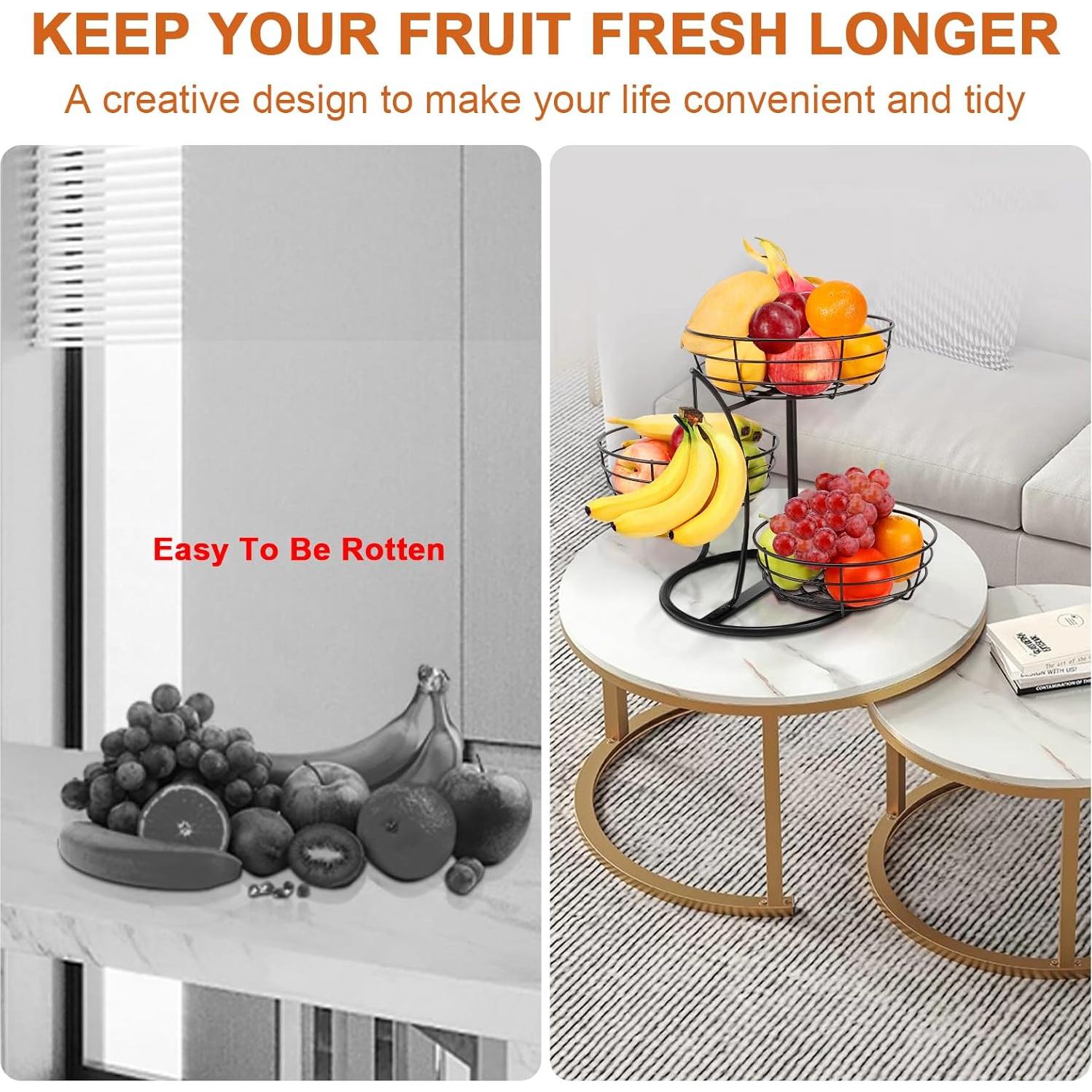 Tazón de Frutas Livabber con Soporte para Plátano Negro 3 Niveles