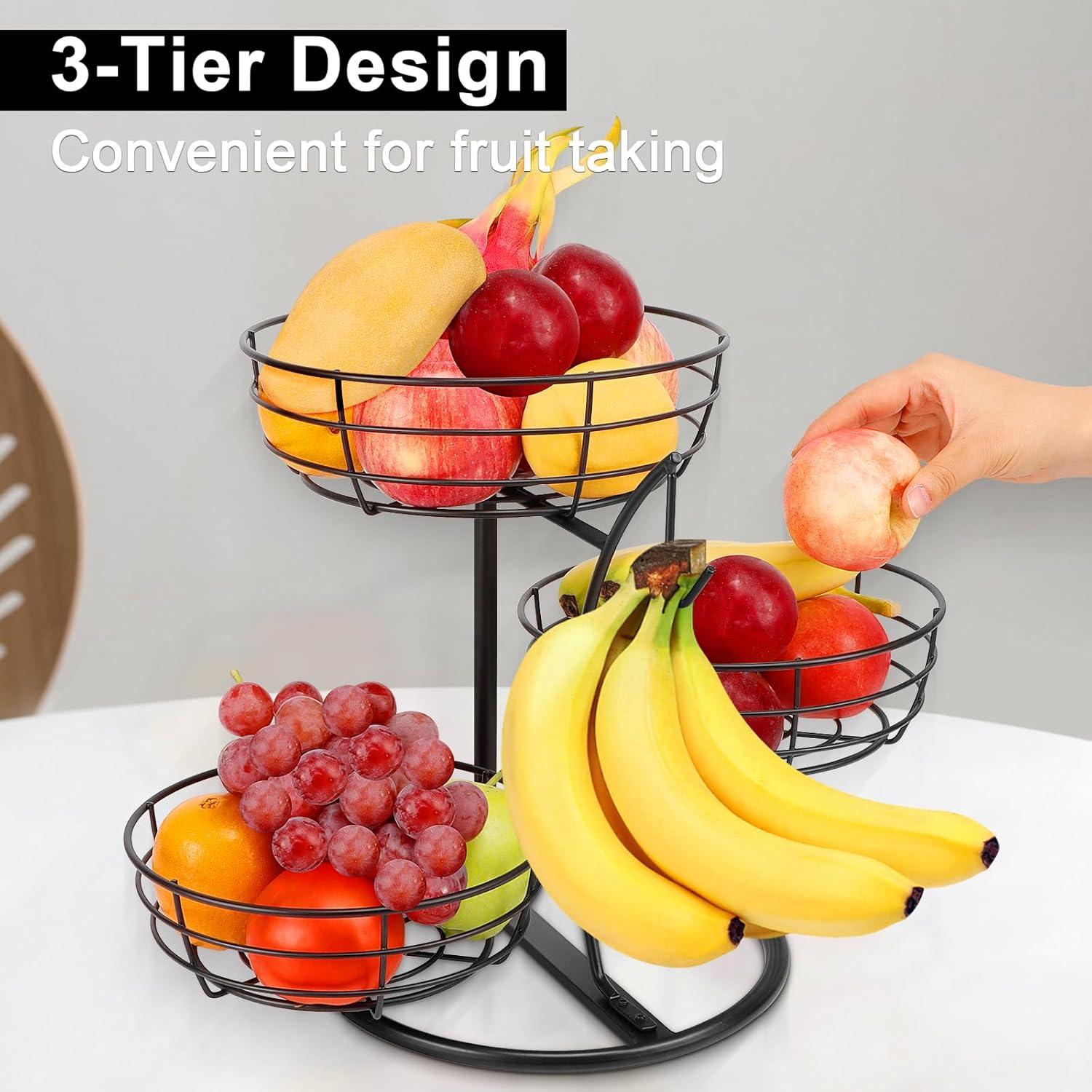 Tazón de Frutas Livabber con Soporte para Plátano Negro 3 Niveles