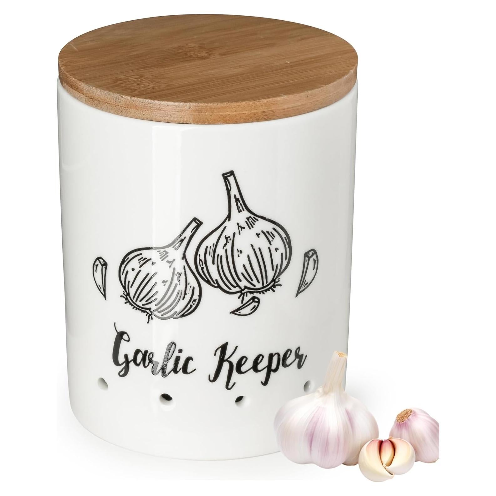 Conservador de Ajo Cerámica LYEOBOH Blanco con Tapa de Madera