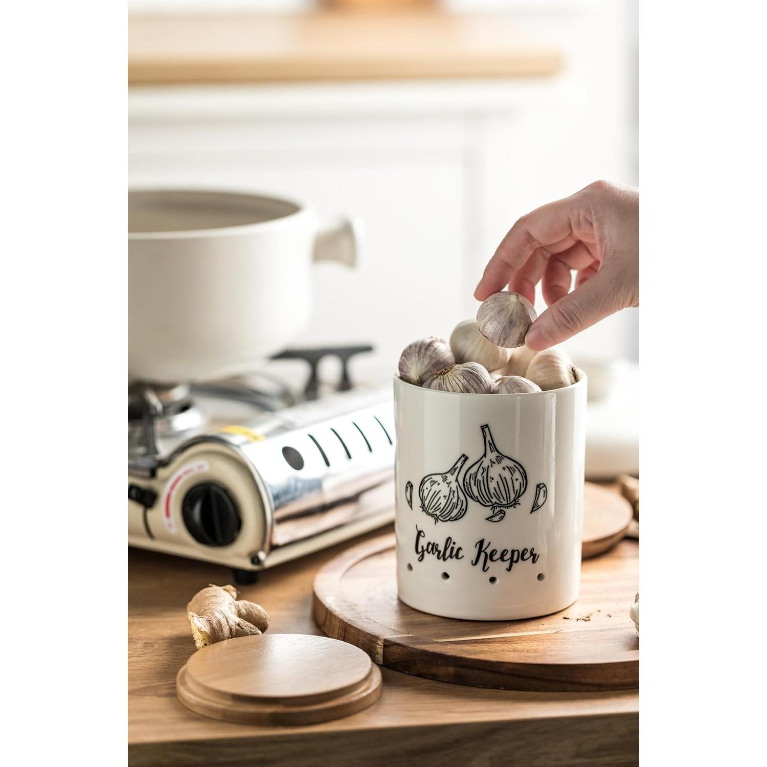 Conservador de Ajo Cerámica LYEOBOH Blanco con Tapa de Madera