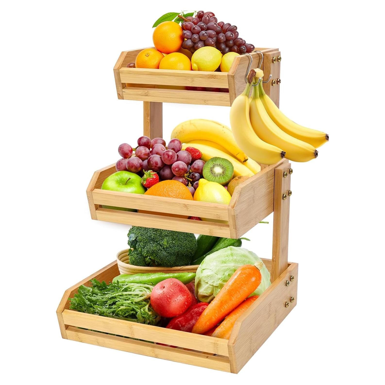Soporte de Frutas de Bambú KISENG 3 Niveles Natural