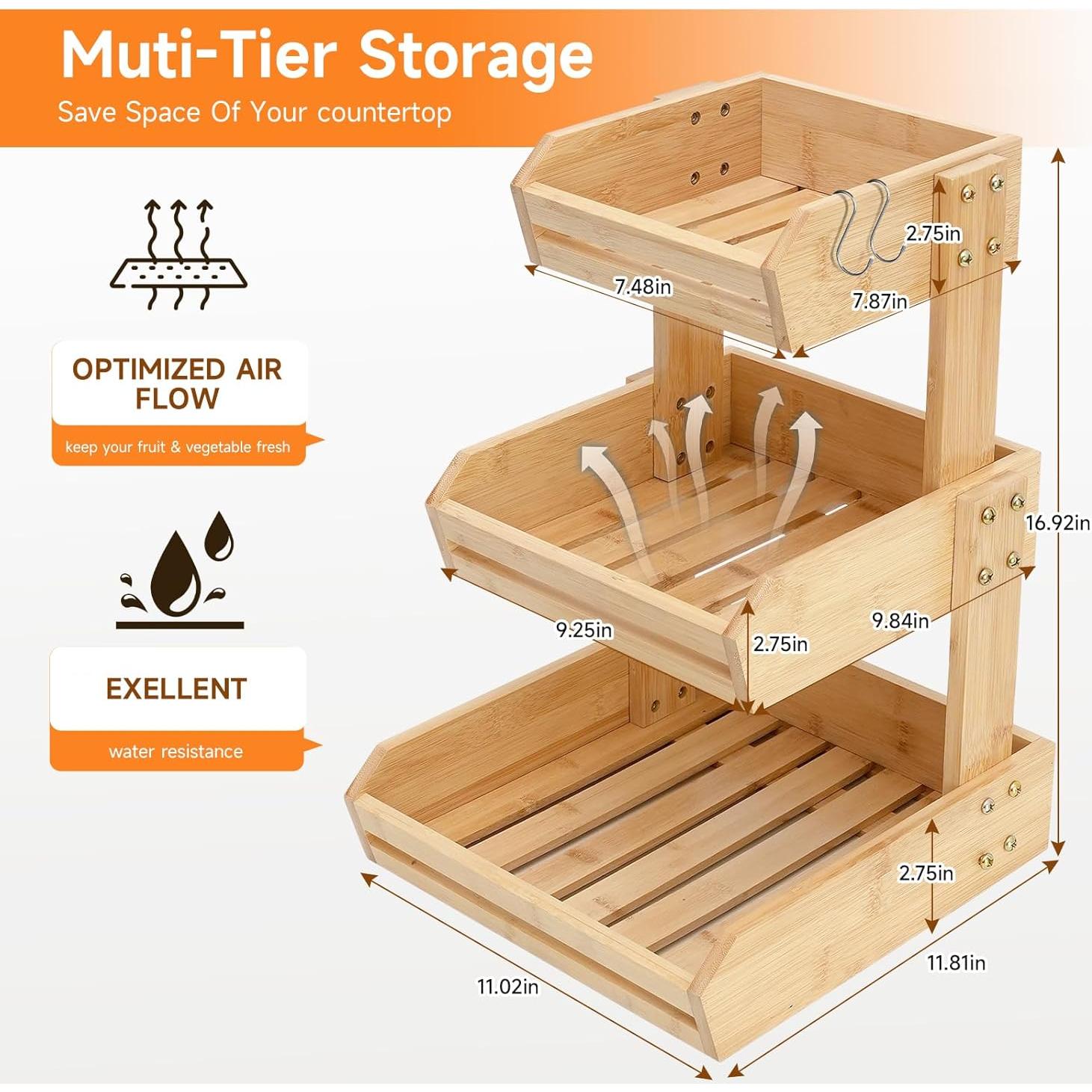 Soporte de Frutas de Bambú KISENG 3 Niveles Natural