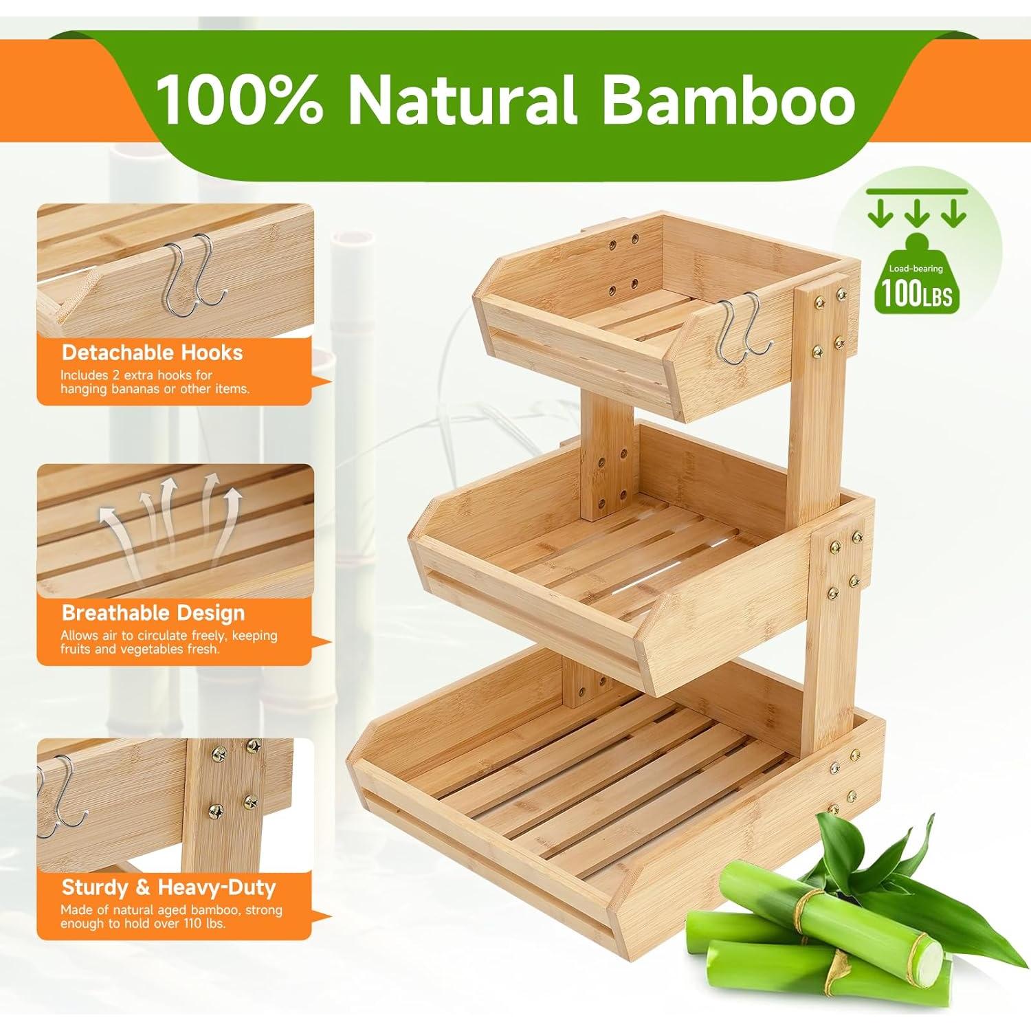 Soporte de Frutas de Bambú KISENG 3 Niveles Natural