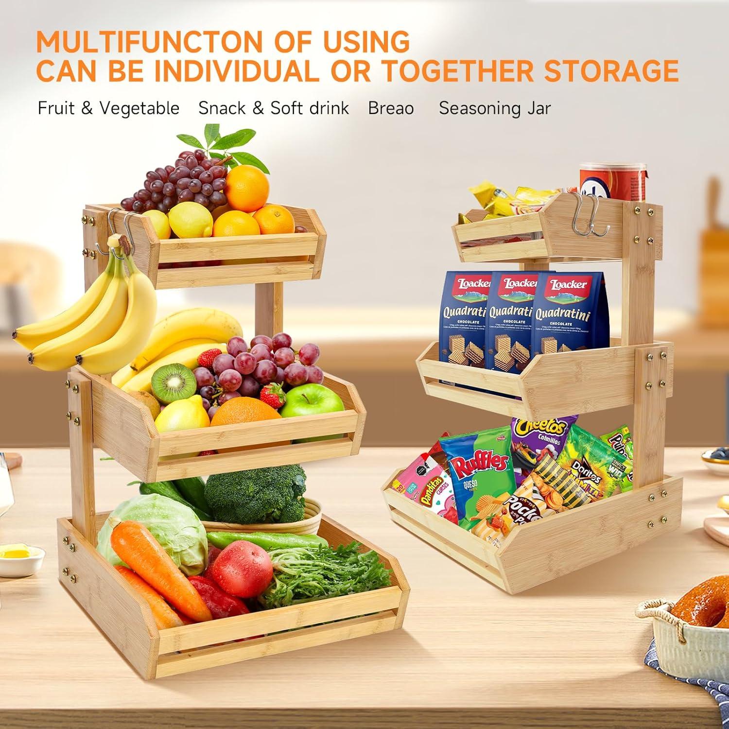 Soporte de Frutas de Bambú KISENG 3 Niveles Natural