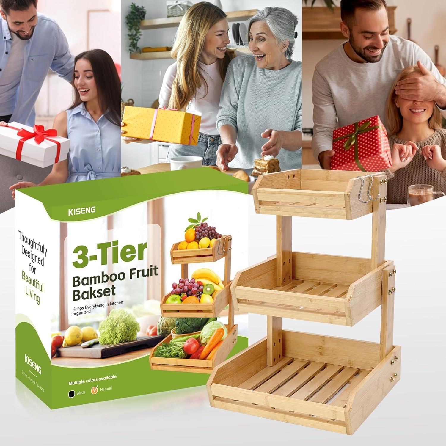 Soporte de Frutas de Bambú KISENG 3 Niveles Natural