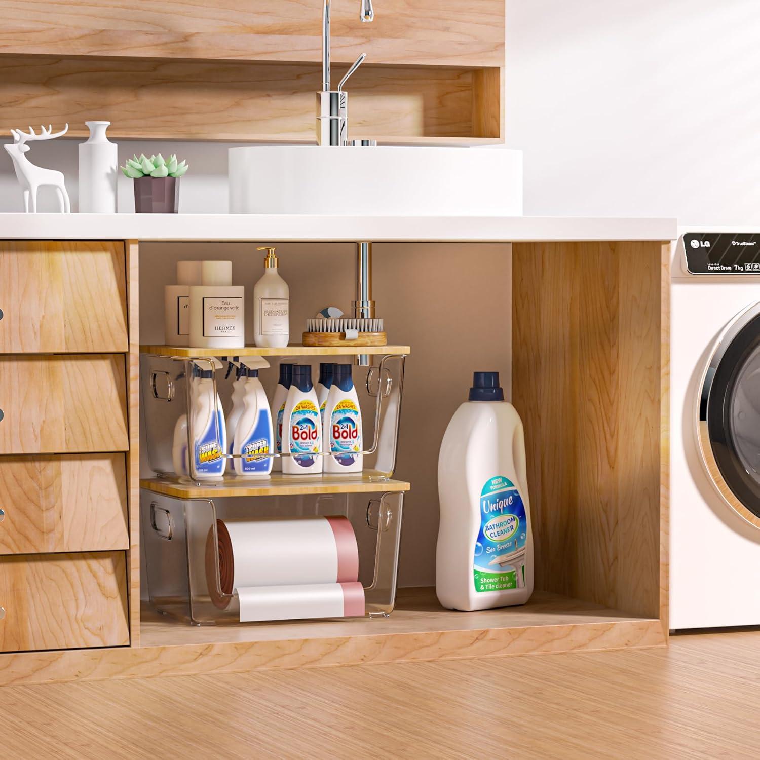 Organizador de Despensa Aurblozen 4 Piezas Apilable con Tapa de Bambú