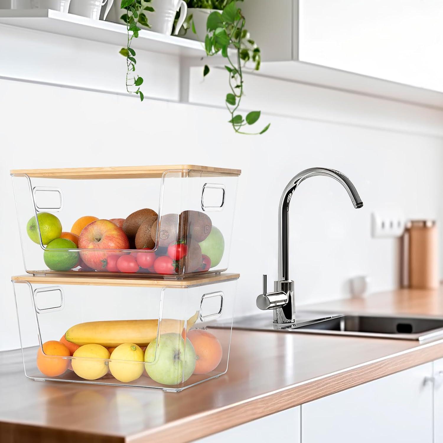 Organizador de Despensa Aurblozen 4 Piezas Apilable con Tapa de Bambú