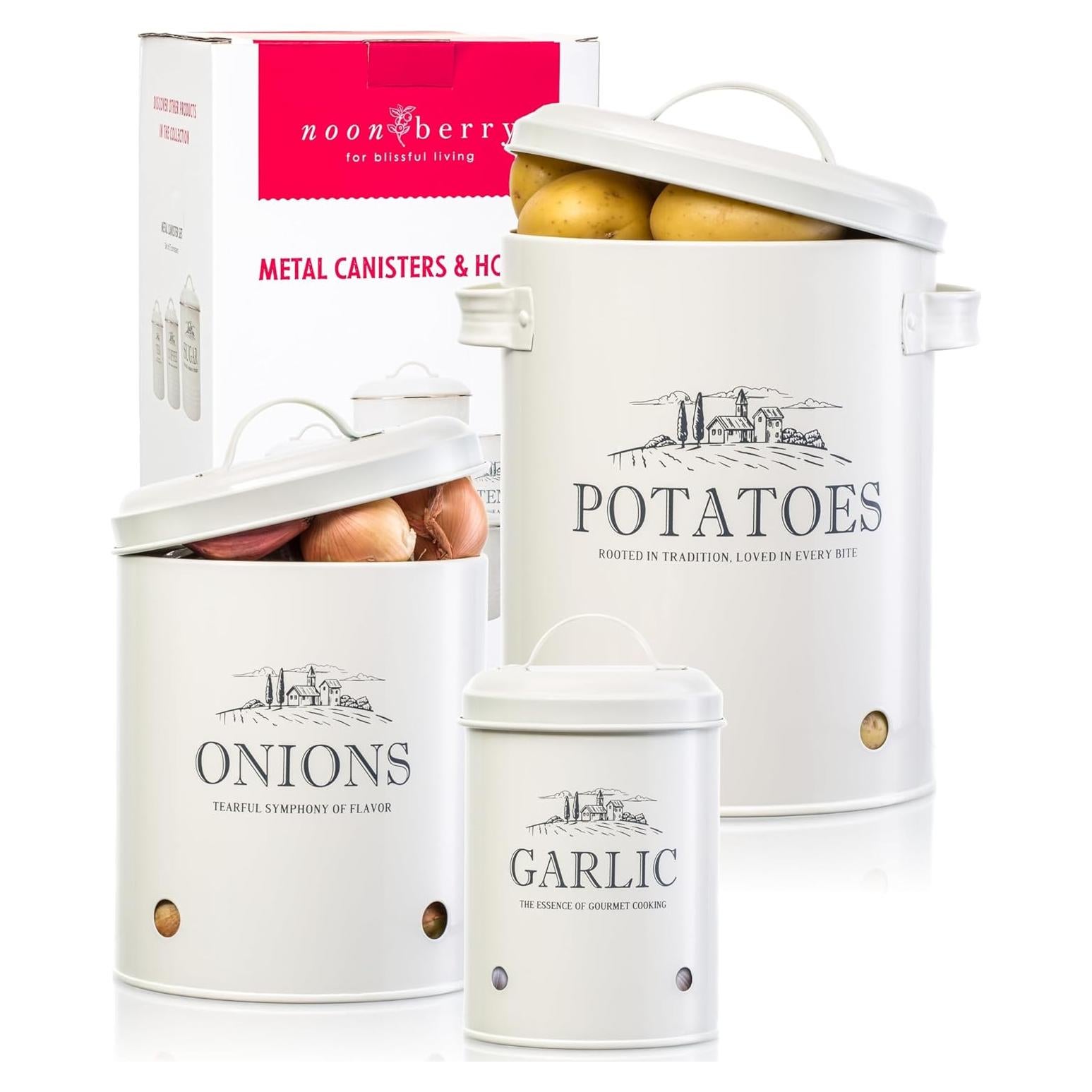 Juego de 3 Contenedores de Almacenamiento Metal para Papas, Cebollas y Ajo