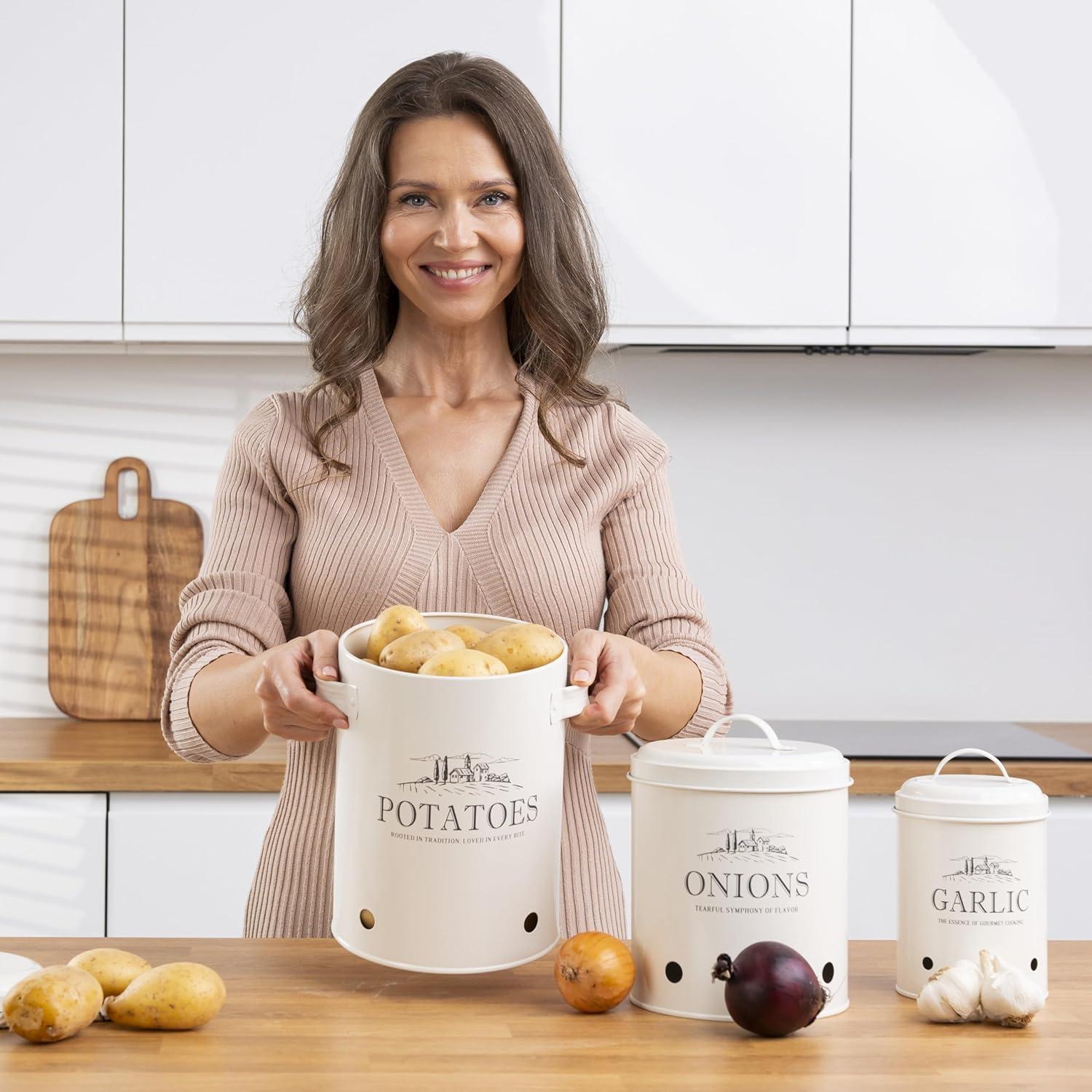 Juego de 3 Contenedores de Almacenamiento Metal para Papas, Cebollas y Ajo