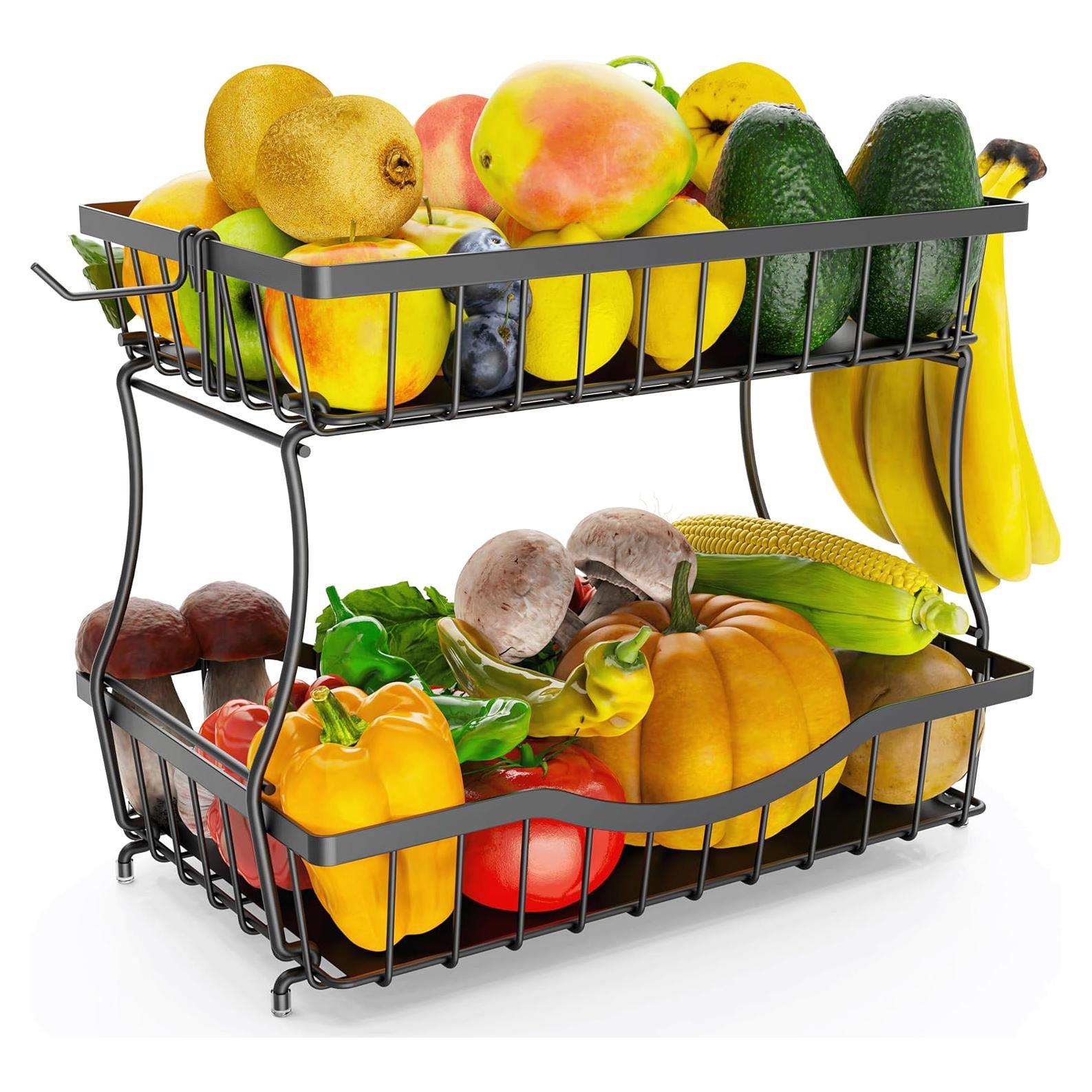 Cesta de Frutas de 2 Niveles Zurklulu - Organizador Negro para Cocina