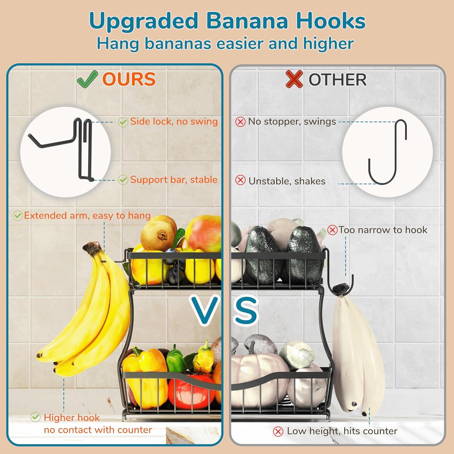 Cesta de Frutas de 2 Niveles Zurklulu - Organizador Negro para Cocina