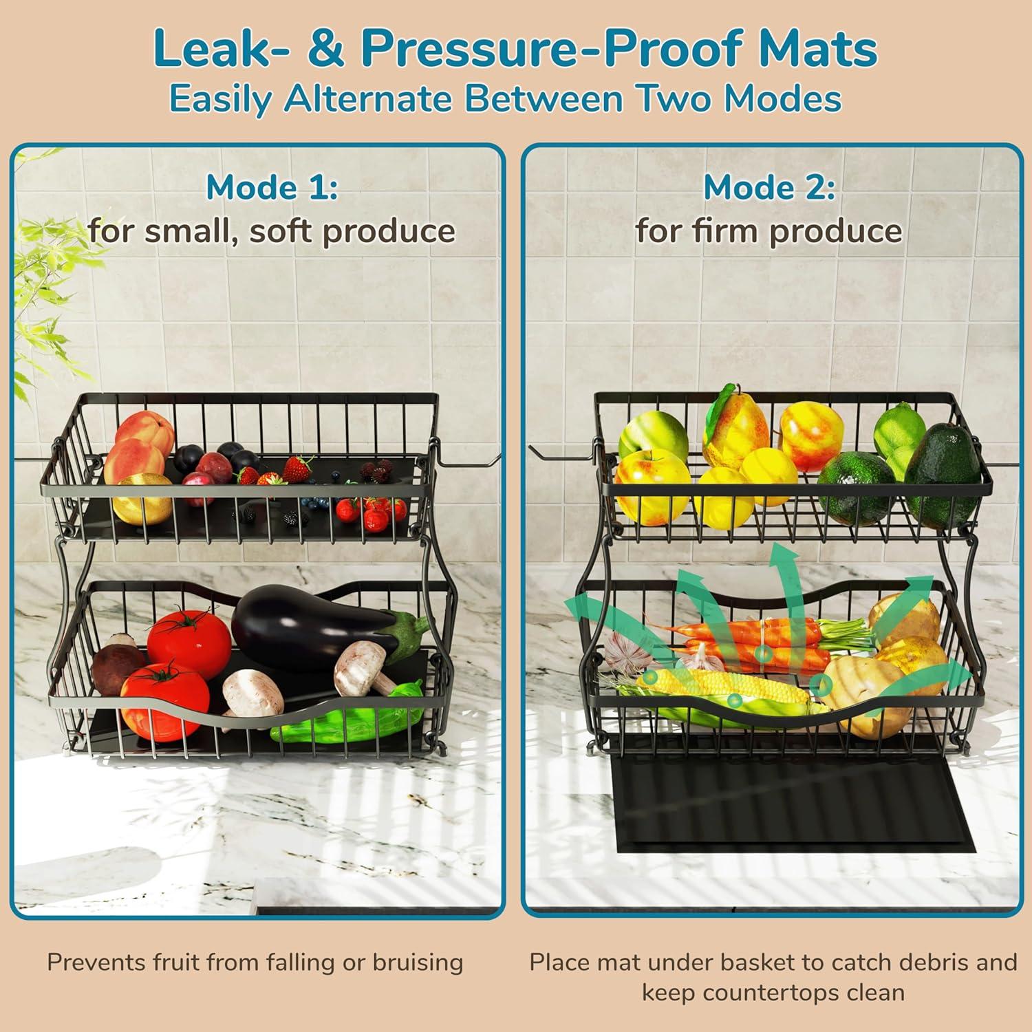 Cesta de Frutas de 2 Niveles Zurklulu - Organizador Negro para Cocina