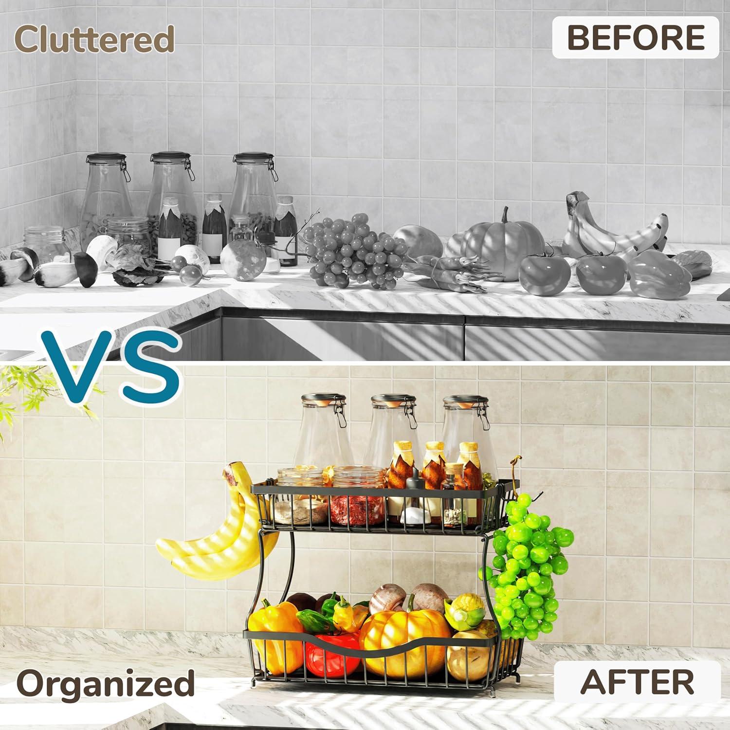 Cesta de Frutas de 2 Niveles Zurklulu - Organizador Negro para Cocina