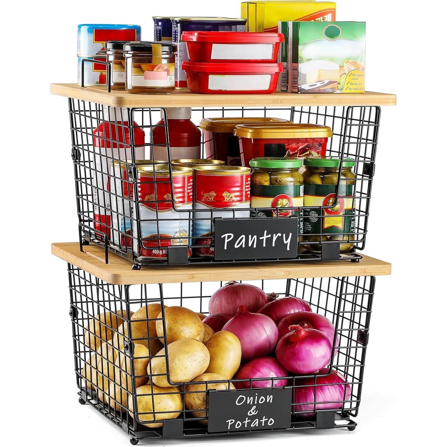 Cestas de Alambre Apilables XXL AOZITA con Tapa de Bambú