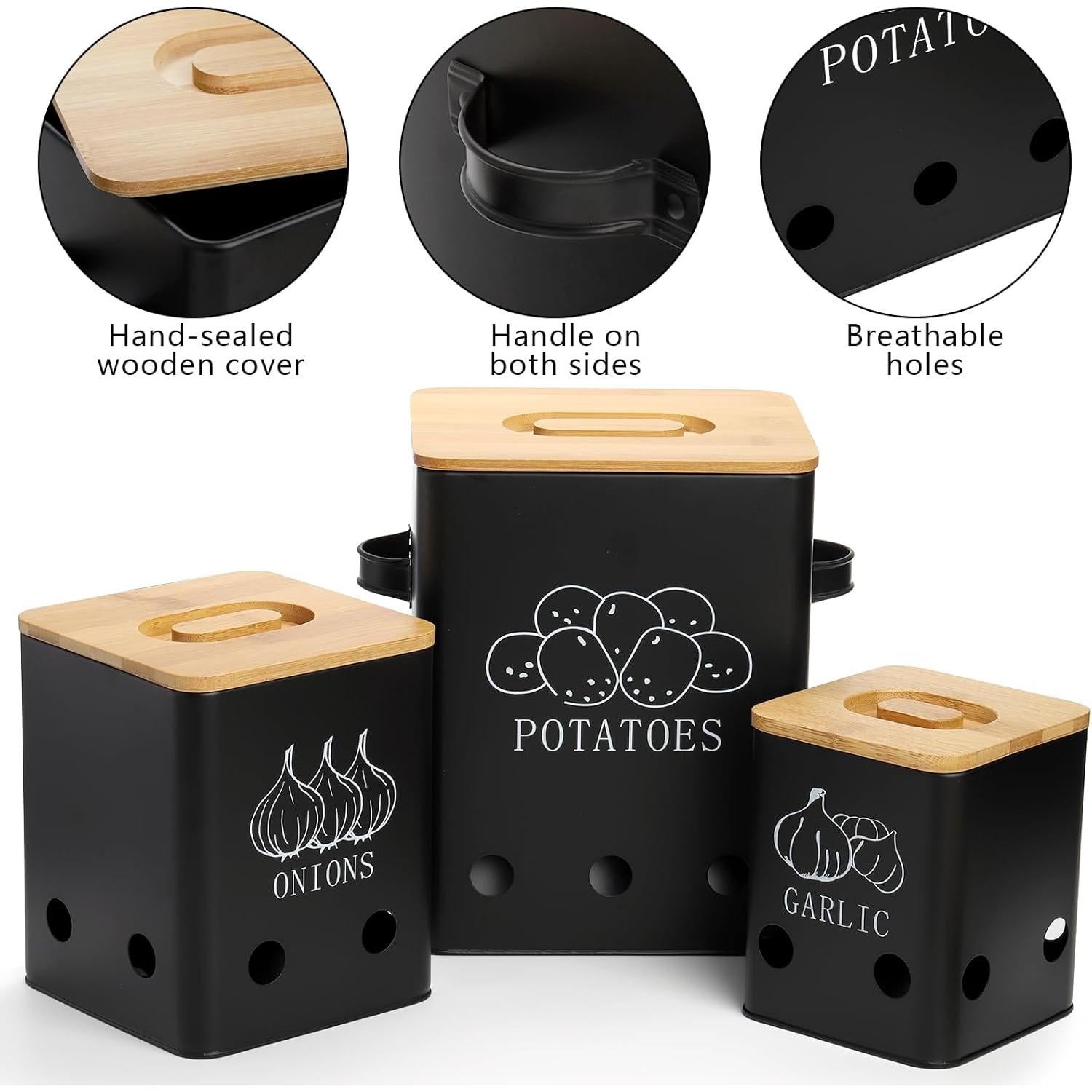 WUWEOT 3 Latas de Almacenamiento de Verduras con Tapa de Bambú