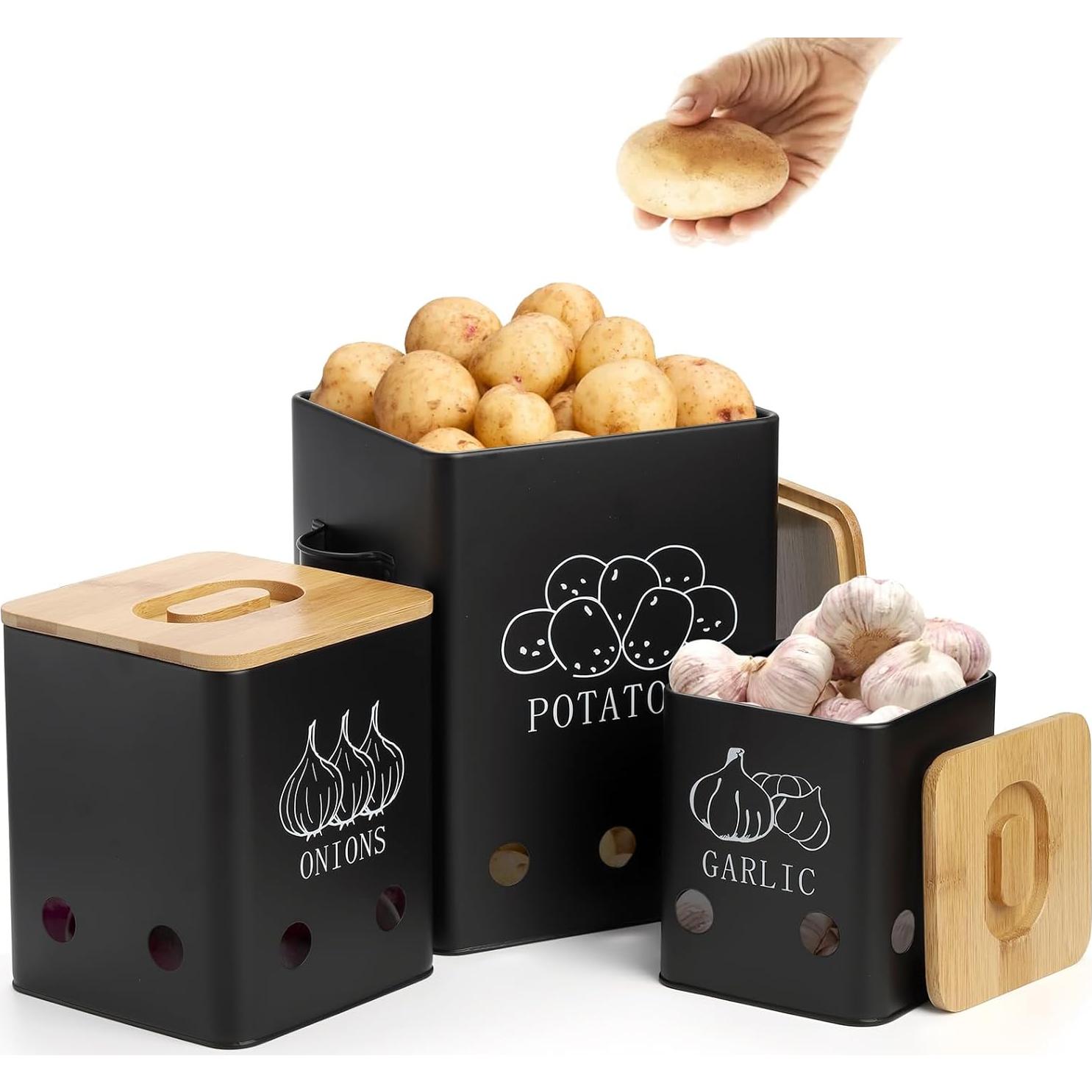 WUWEOT 3 Latas de Almacenamiento de Verduras con Tapa de Bambú