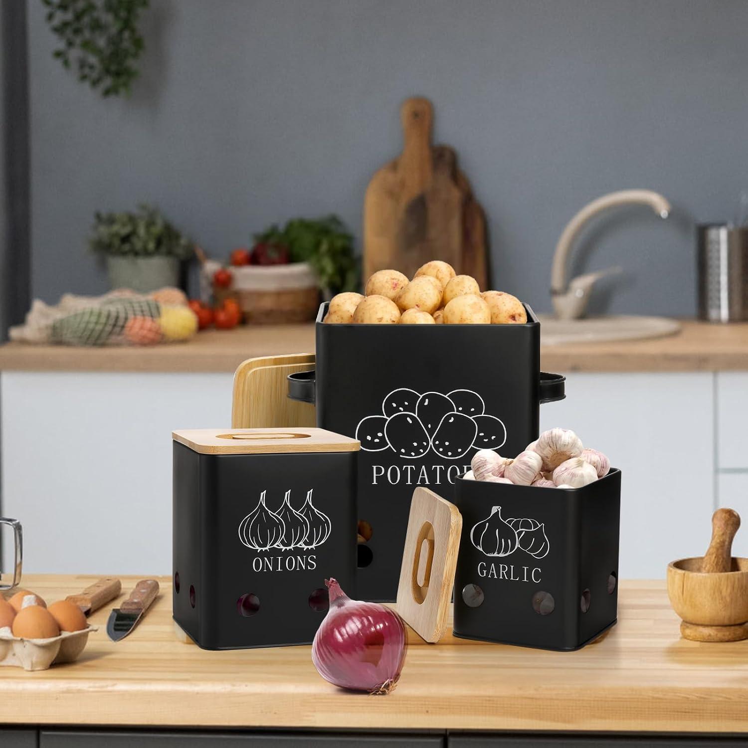 WUWEOT 3 Latas de Almacenamiento de Verduras con Tapa de Bambú