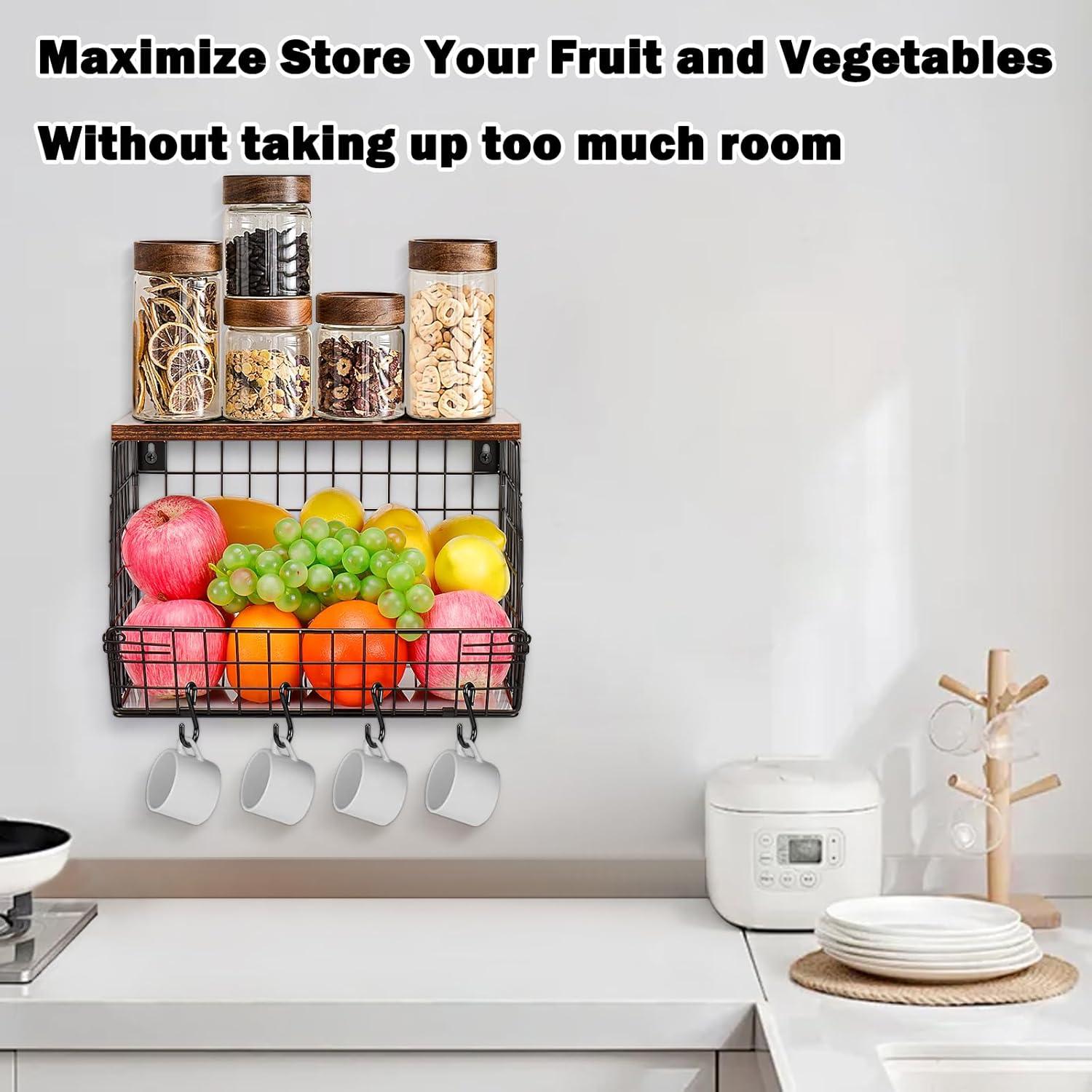 Cesta de Frutas Livabber con Estante de Madera y Ganchos en S