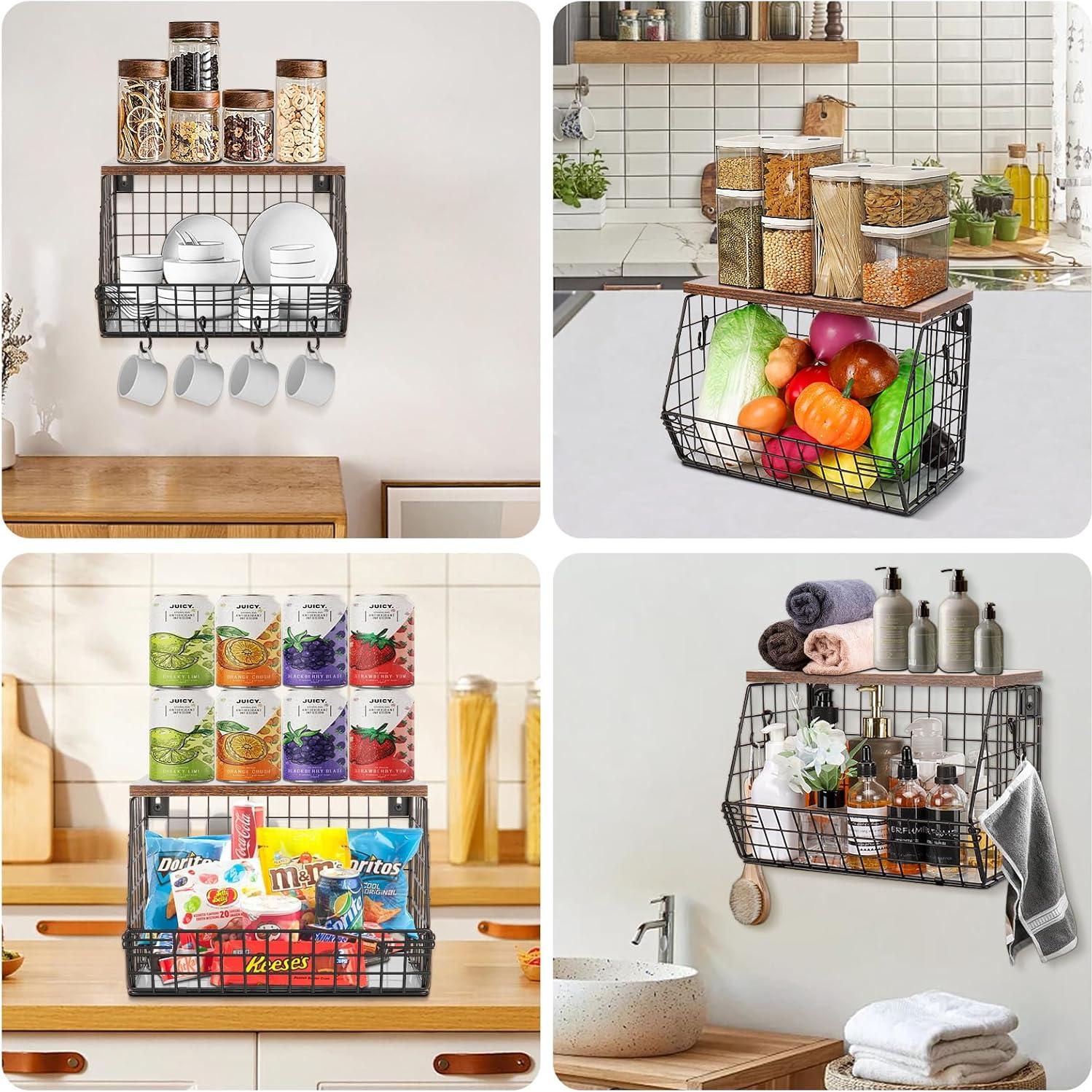 Cesta de Frutas Livabber con Estante de Madera y Ganchos en S