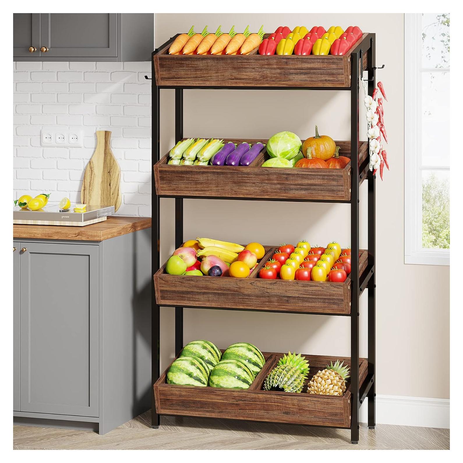 Tribesigns Wood Fruit and Vegetable Basket Stand Rack for Kitchen, Office, Store, Supremarket, Pantry Shelf Unit for Snacks, 4-Tier Wooden Utility Storage Shelves (1, Brown+Black)