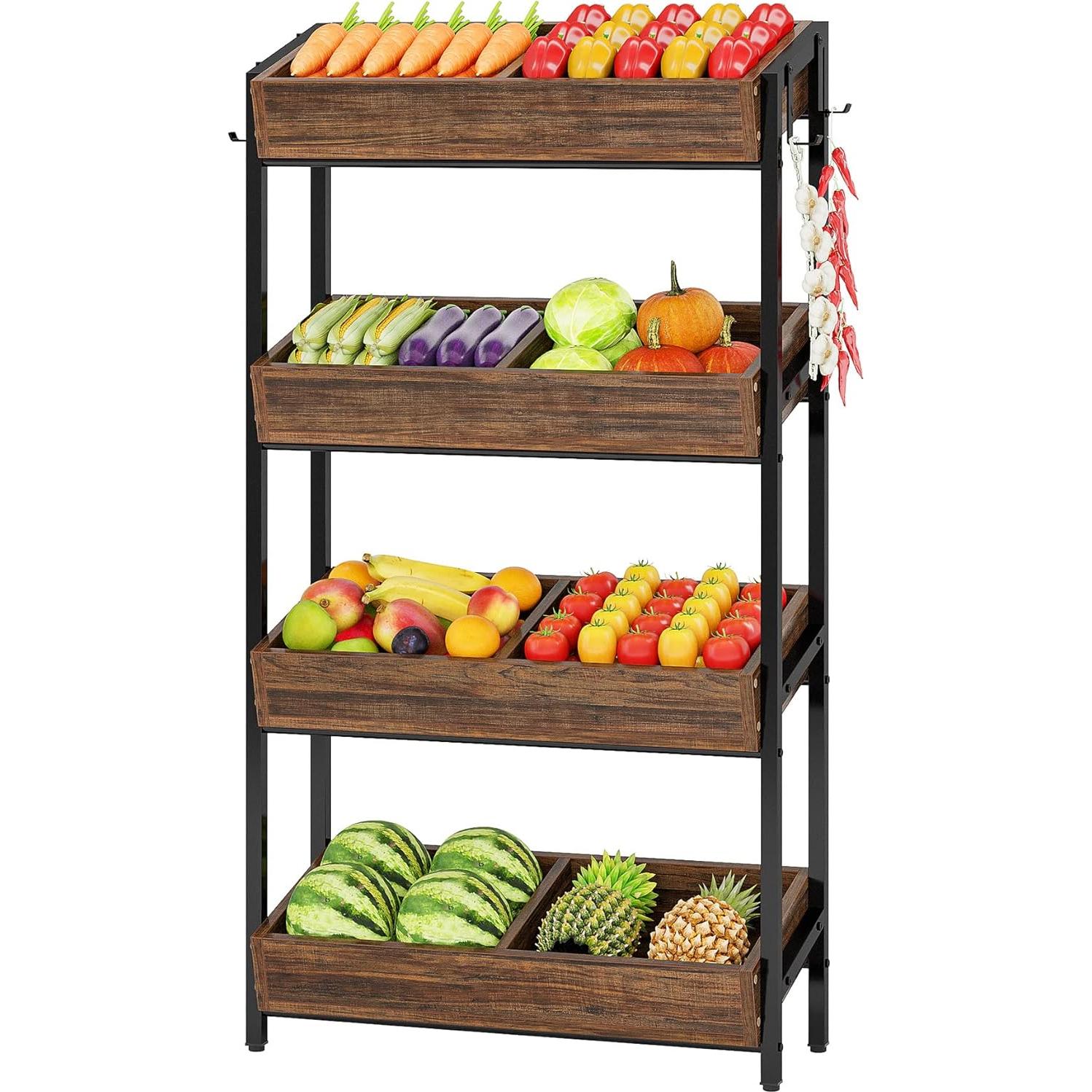 Tribesigns Wood Fruit and Vegetable Basket Stand Rack for Kitchen, Office, Store, Supremarket, Pantry Shelf Unit for Snacks, 4-Tier Wooden Utility Storage Shelves (1, Brown+Black)