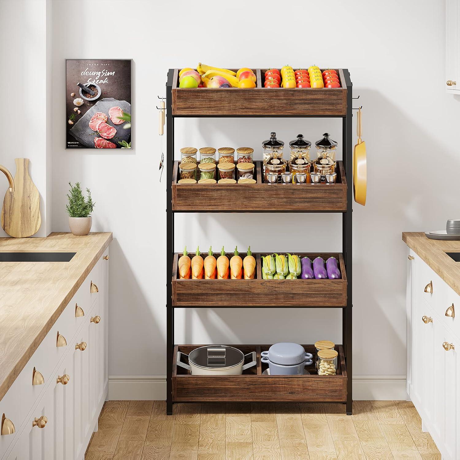 Tribesigns Wood Fruit and Vegetable Basket Stand Rack for Kitchen, Office, Store, Supremarket, Pantry Shelf Unit for Snacks, 4-Tier Wooden Utility Storage Shelves (1, Brown+Black)