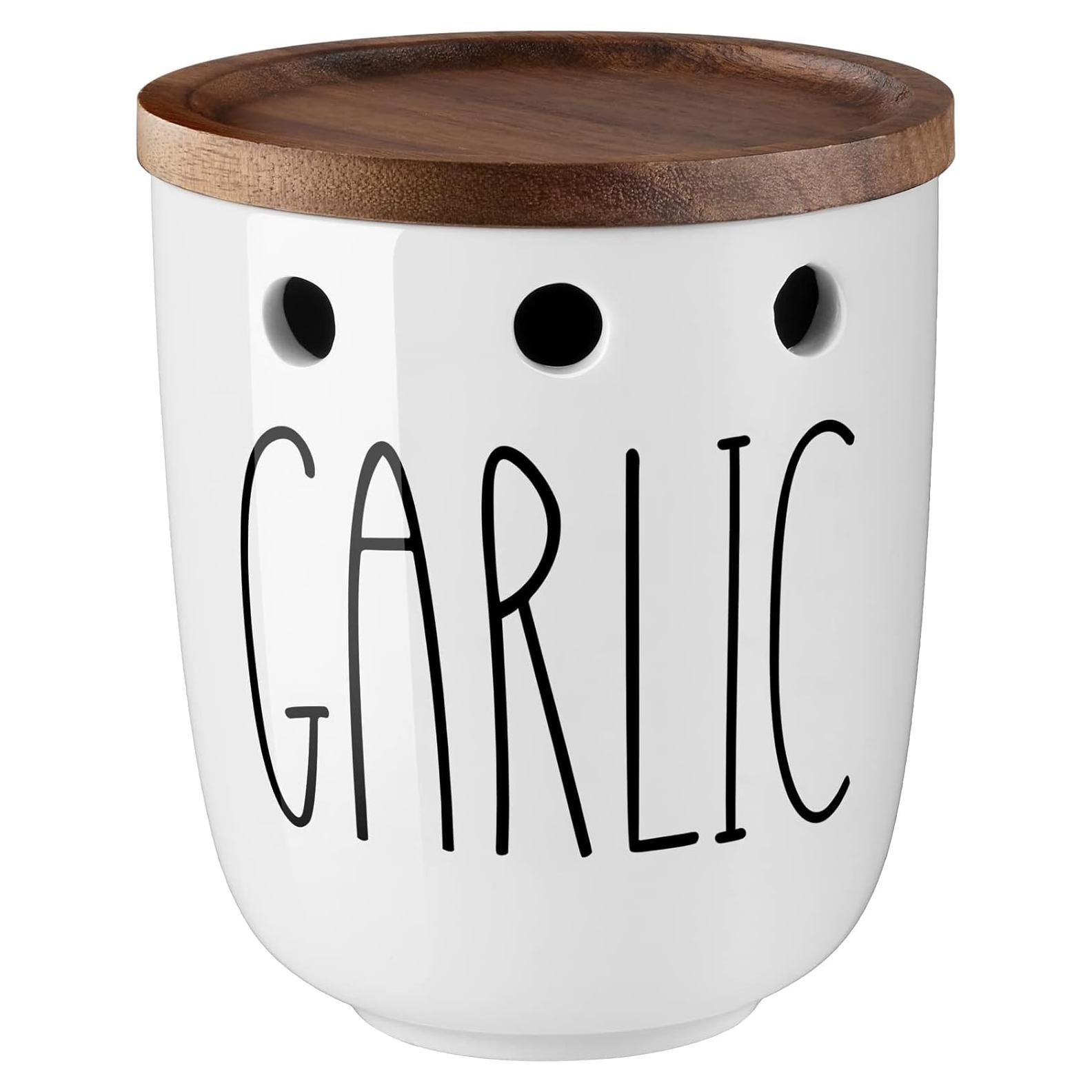 Conservador de Ajo Cerámica DAYYET 11.2cm Blanco con Tapa Madera