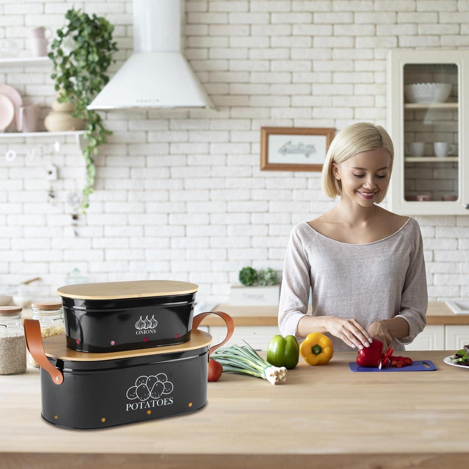 Contenedor de Almacenamiento de Papas y Cebollas Xbopetda - Metal Negro