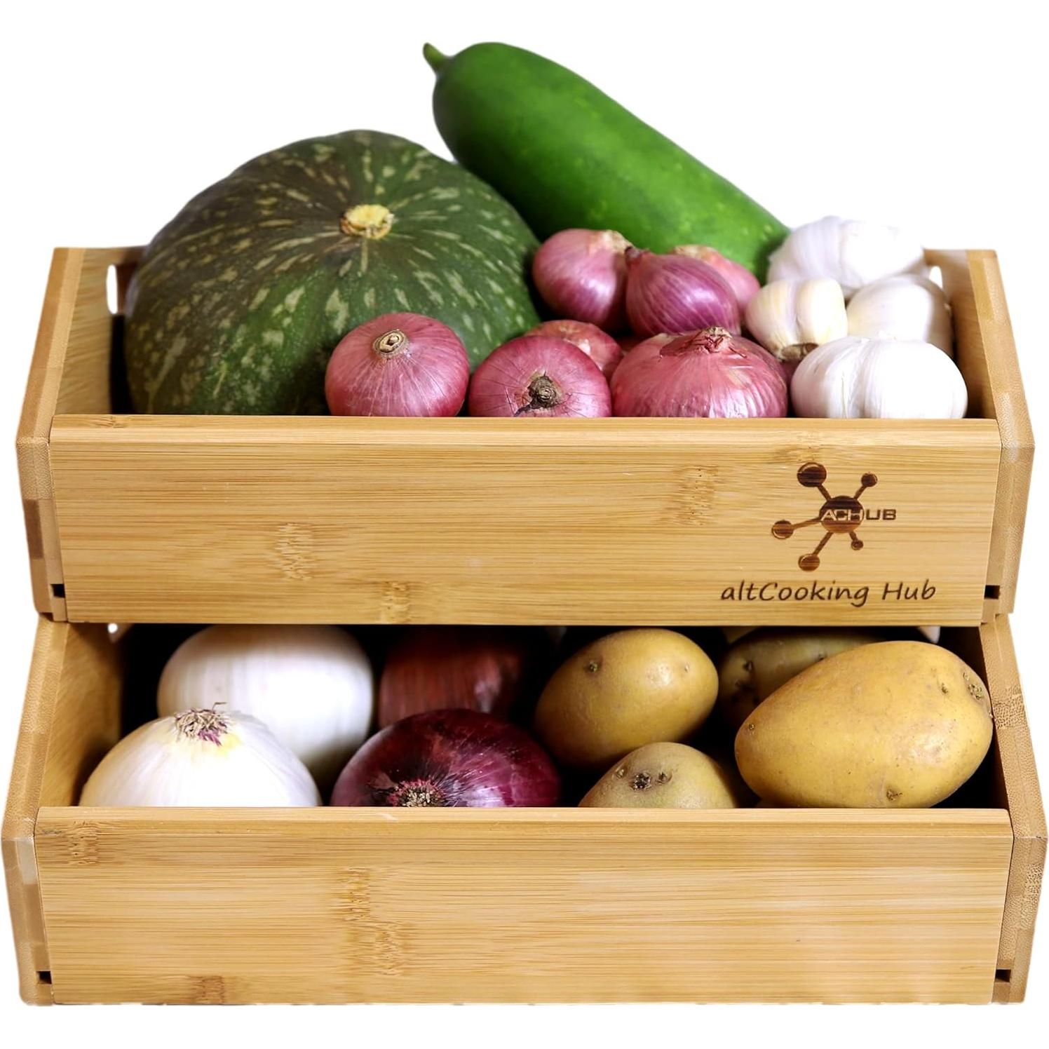 Caja de Almacenamiento de Bambú Apilable 2 Niveles - Organizador de Cocina