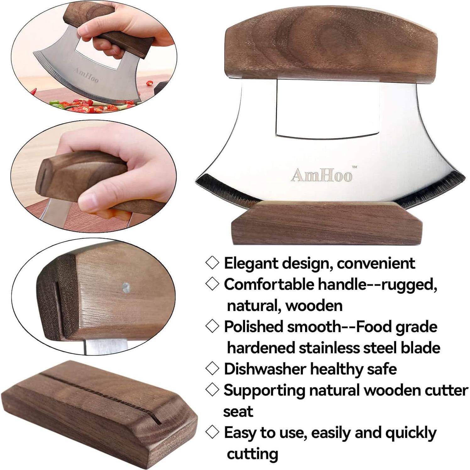 Cortador de Pizza AmHoo Ulu Mango Madera Nogal Acero Inoxidable