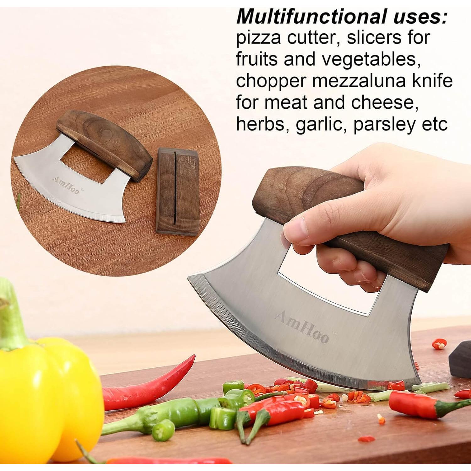 Cortador de Pizza AmHoo Ulu Mango Madera Nogal Acero Inoxidable