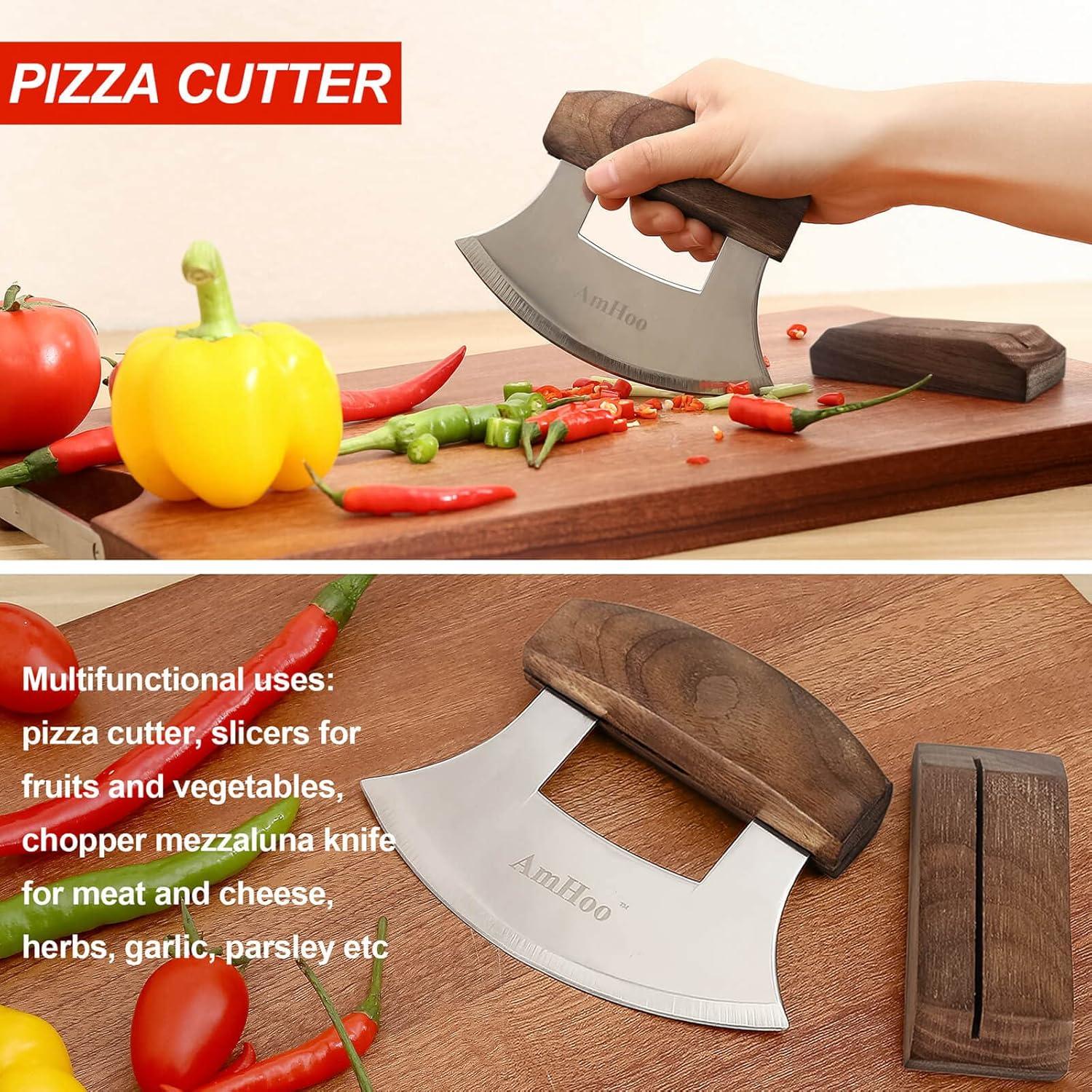 Cortador de Pizza AmHoo Ulu Mango Madera Nogal Acero Inoxidable