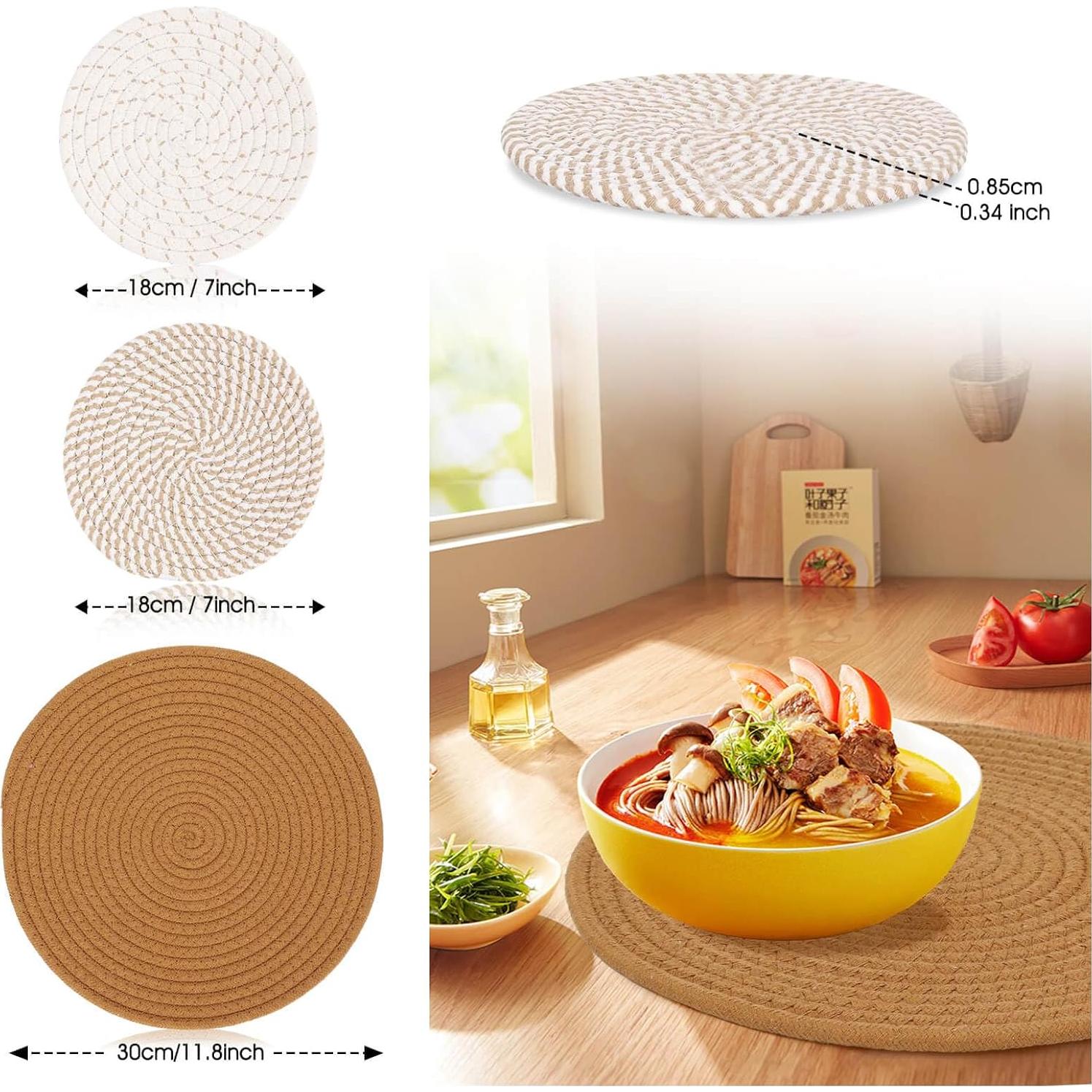 Trivets Billbotk 6 Piezas Algodón 30 cm y 18 cm Redondos