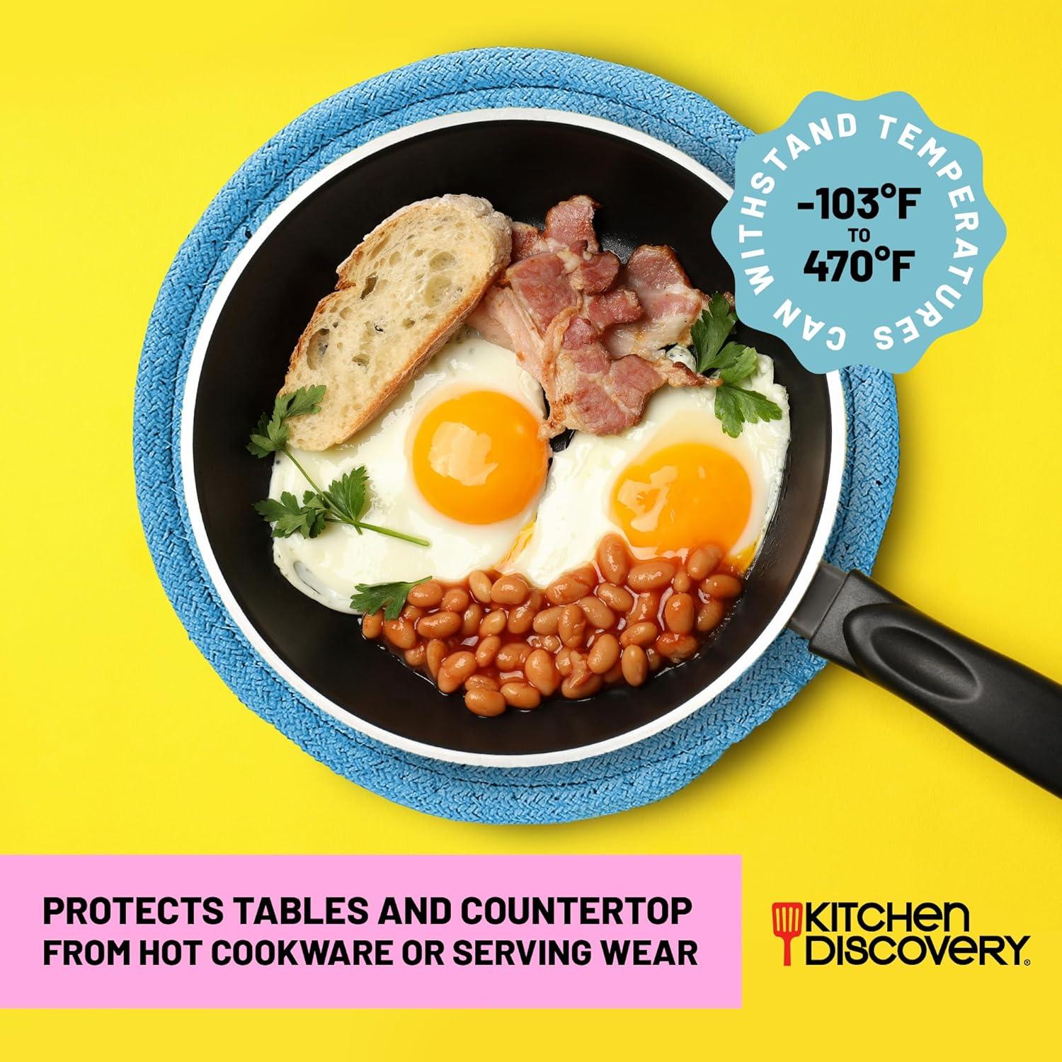 Trivets for Hot Pots and Pans - Kitchen Discovery 8" Chenille Trivets - Set of 3 Large Woven Pot Pads for Serving Hot or Cold Dishes and Protecting Your Table, Countertop or Island, Faded Denim