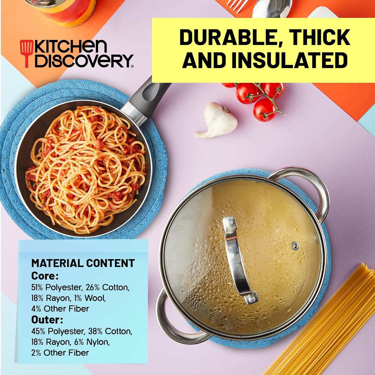 Trivets for Hot Pots and Pans - Kitchen Discovery 8" Chenille Trivets - Set of 3 Large Woven Pot Pads for Serving Hot or Cold Dishes and Protecting Your Table, Countertop or Island, Faded Denim