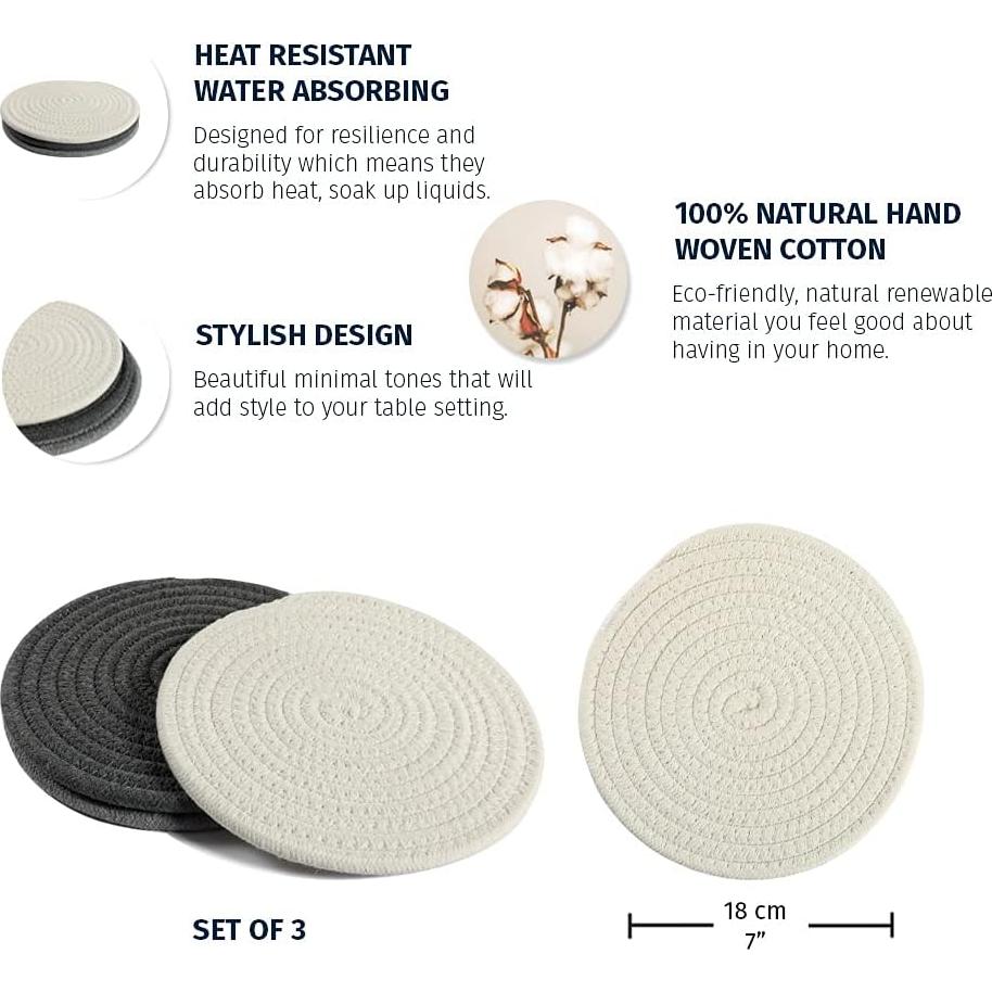 Conjunto 3 Trivetes Redondos Algodón OrganiHaus Gris