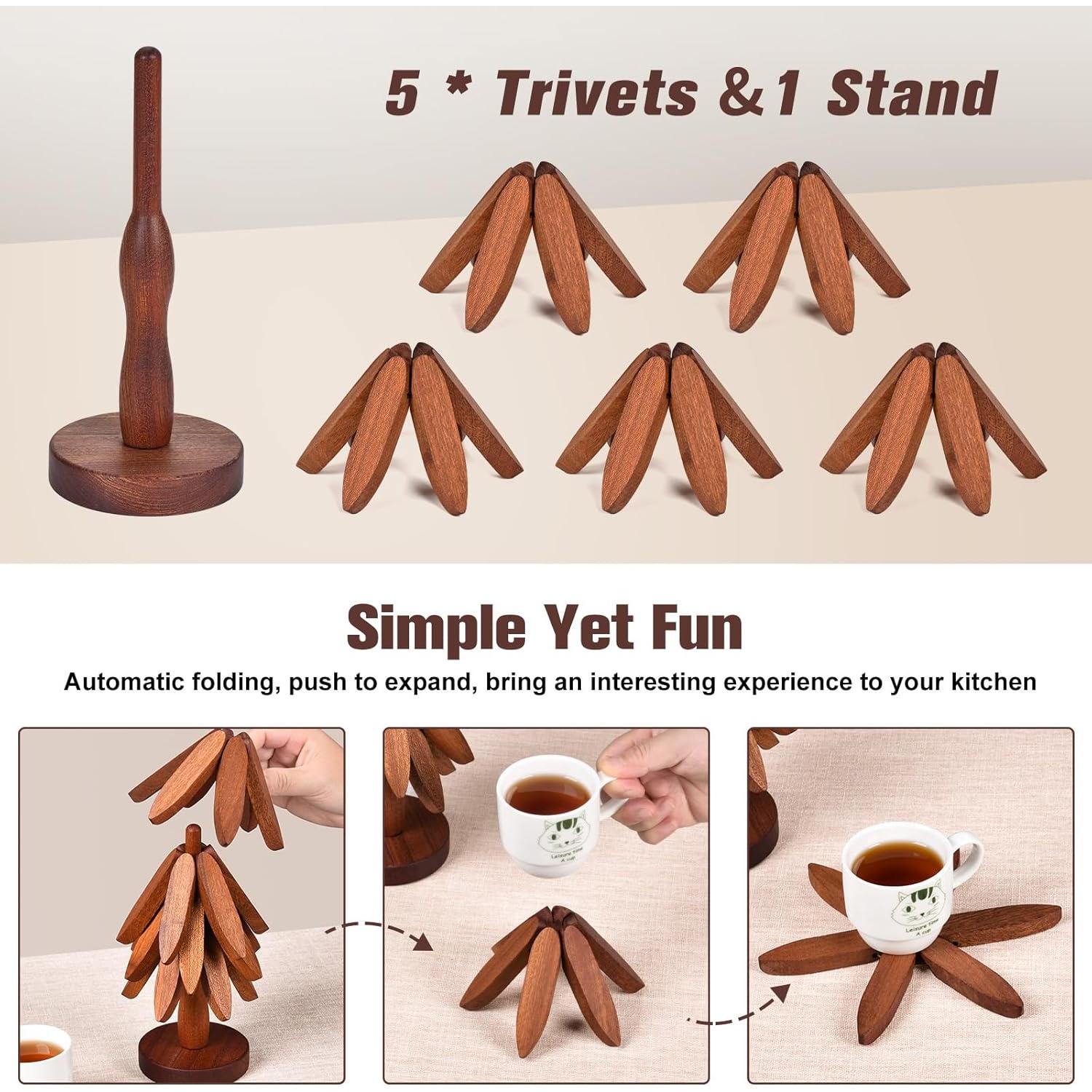 Juego de 5 Trivetes de Madera de Nogal en Forma de Árbol