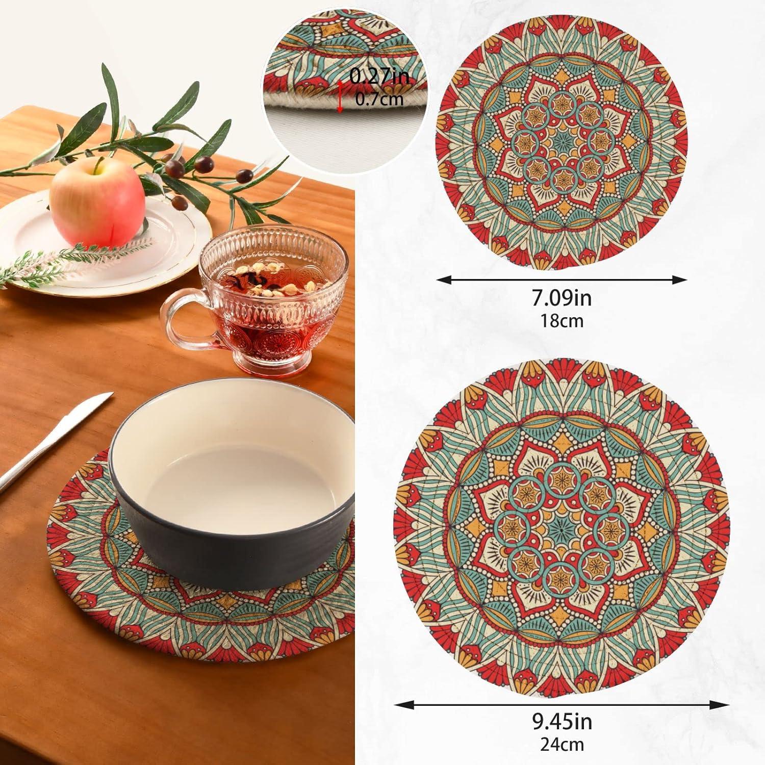 BohoTrivets for Hot Dishes Pots and Pans Potholders Woven Trivet Cotton Round Large Pot Holder Decor Heat Resistant Hot Pads Mat for Table Counter Cooking Potholder Set of 2 (7in + 9in) Mandala