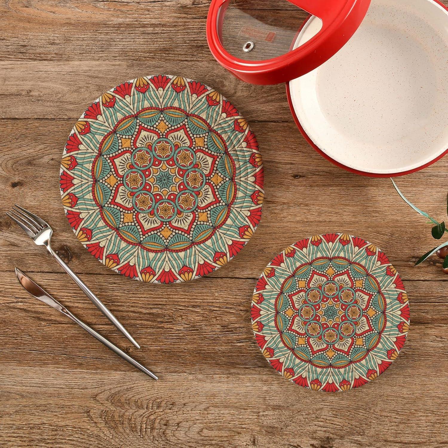 BohoTrivets for Hot Dishes Pots and Pans Potholders Woven Trivet Cotton Round Large Pot Holder Decor Heat Resistant Hot Pads Mat for Table Counter Cooking Potholder Set of 2 (7in + 9in) Mandala