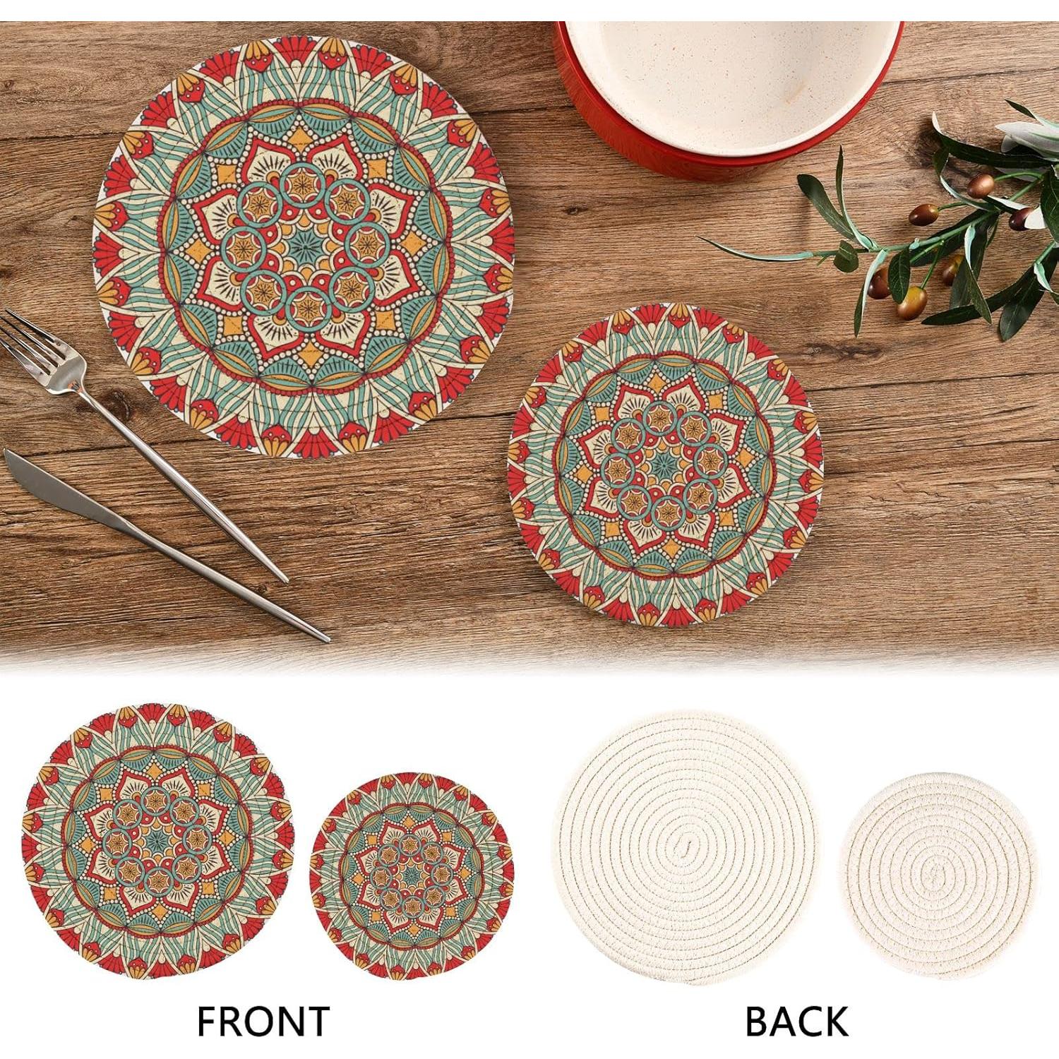 BohoTrivets for Hot Dishes Pots and Pans Potholders Woven Trivet Cotton Round Large Pot Holder Decor Heat Resistant Hot Pads Mat for Table Counter Cooking Potholder Set of 2 (7in + 9in) Mandala