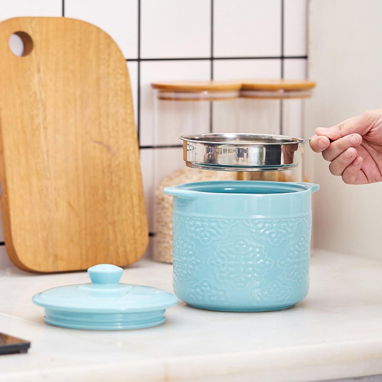 Contenedor de Grasa de Tocino Cerámico Lyellfe 1200ml Azul