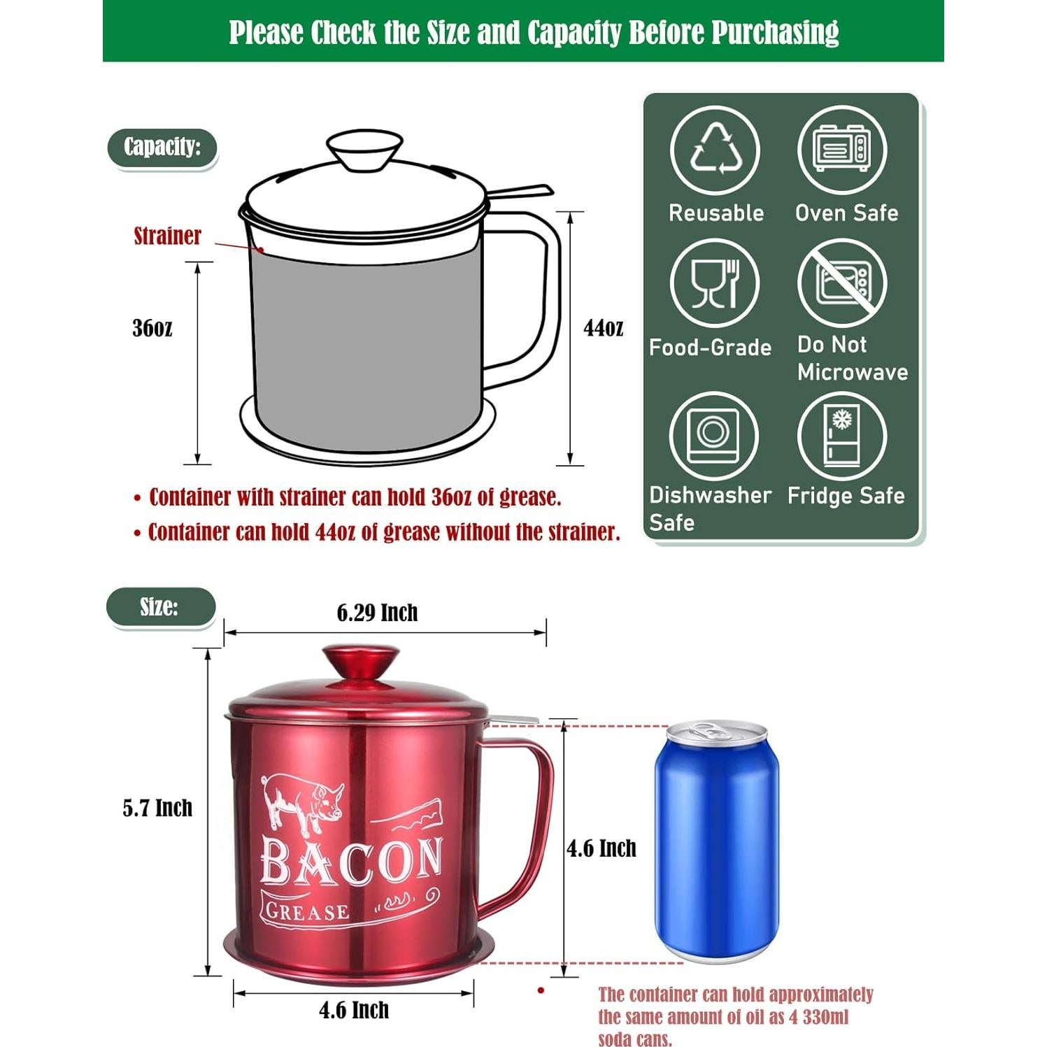 Contenedor de Grasa de Tocino Tellshun 1.3L con Colador de Acero