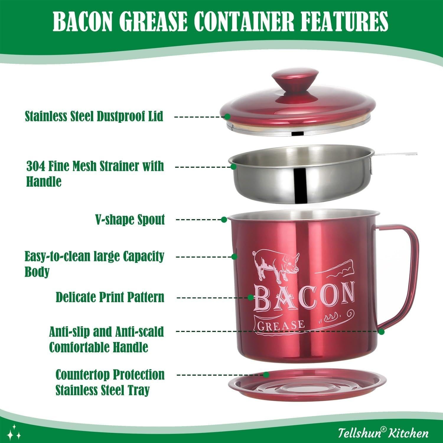 Contenedor de Grasa de Tocino Tellshun 1.3L con Colador de Acero