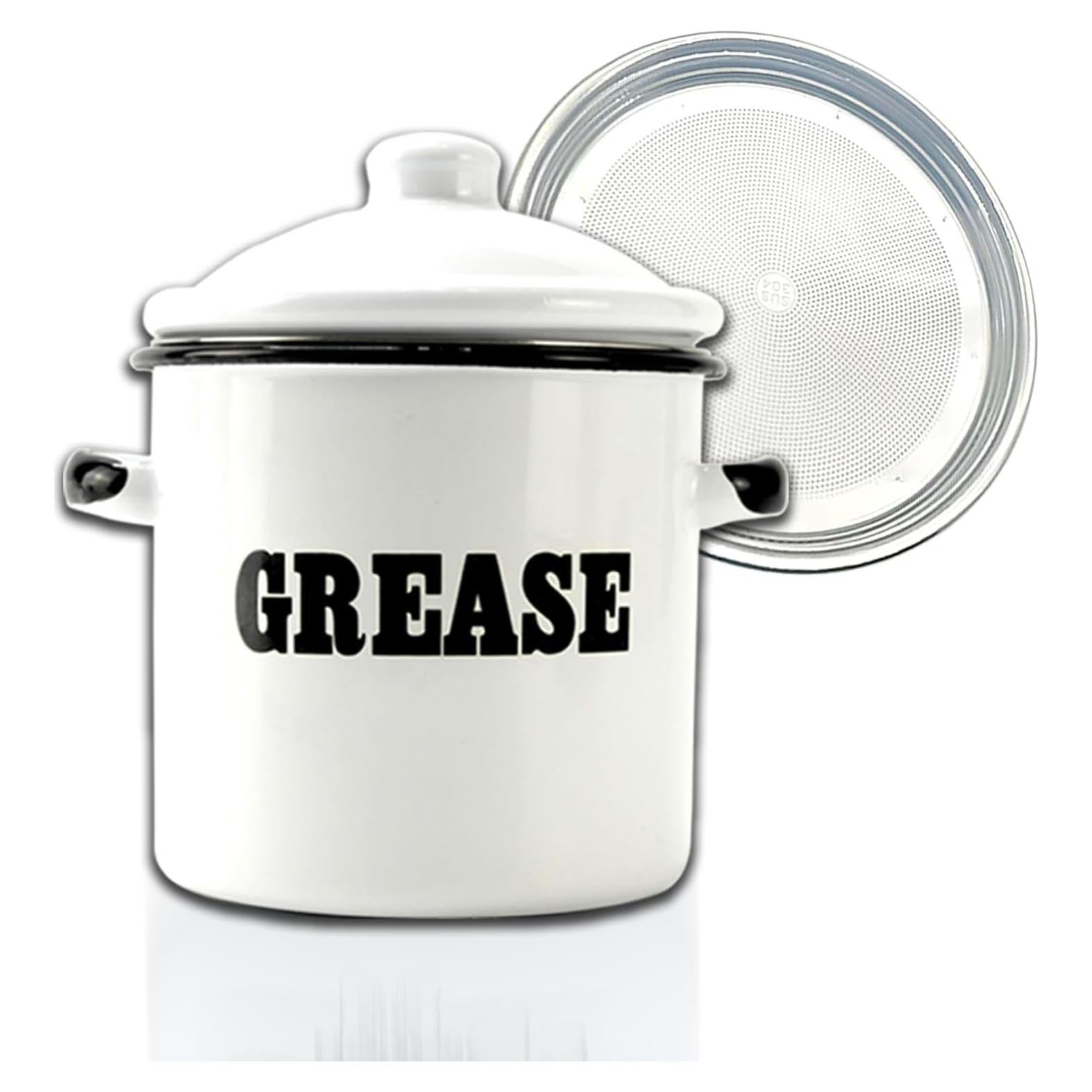 Contenedor de Grasa de Tocino Esmalte Blanco 1.5L con Colador