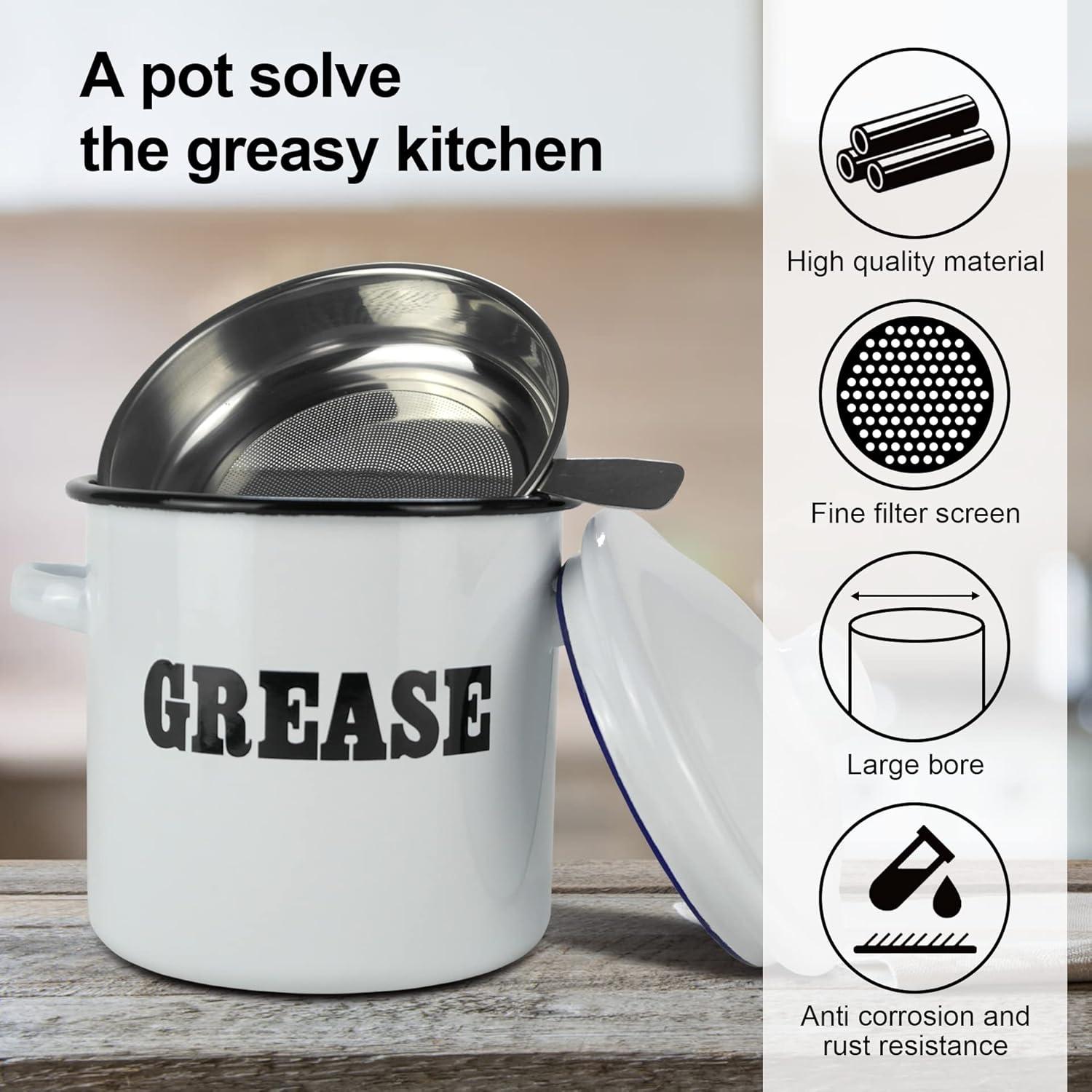 Contenedor de Grasa de Tocino Esmalte Blanco 1.5L con Colador